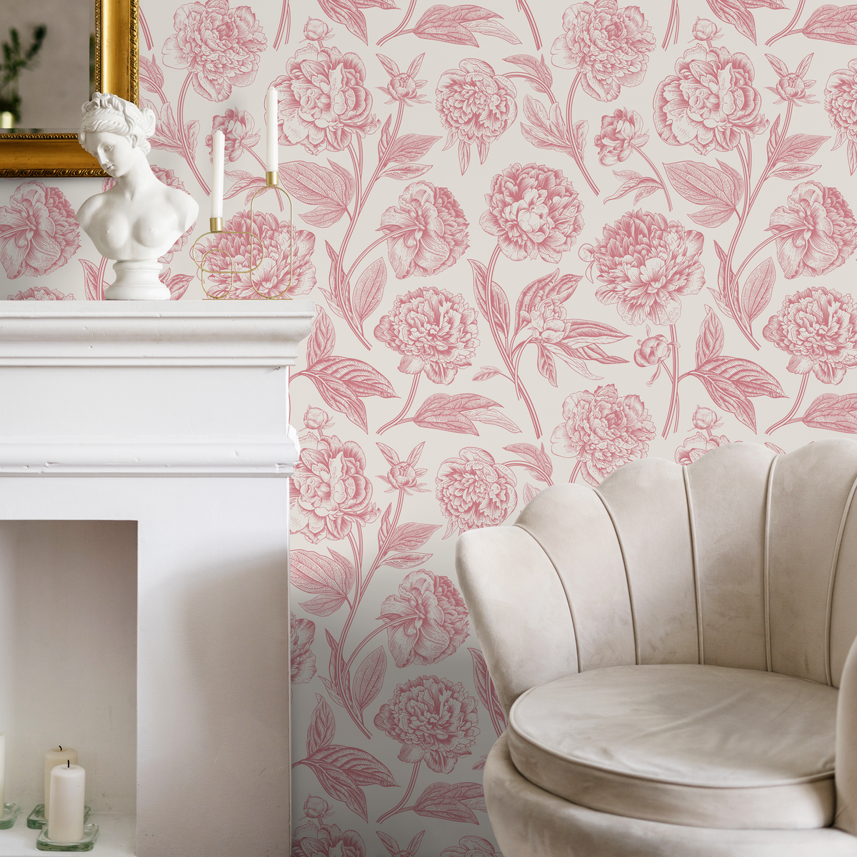 Floral Wallpaper with Vintage Peony Blooms in Pink and Cream - detail view