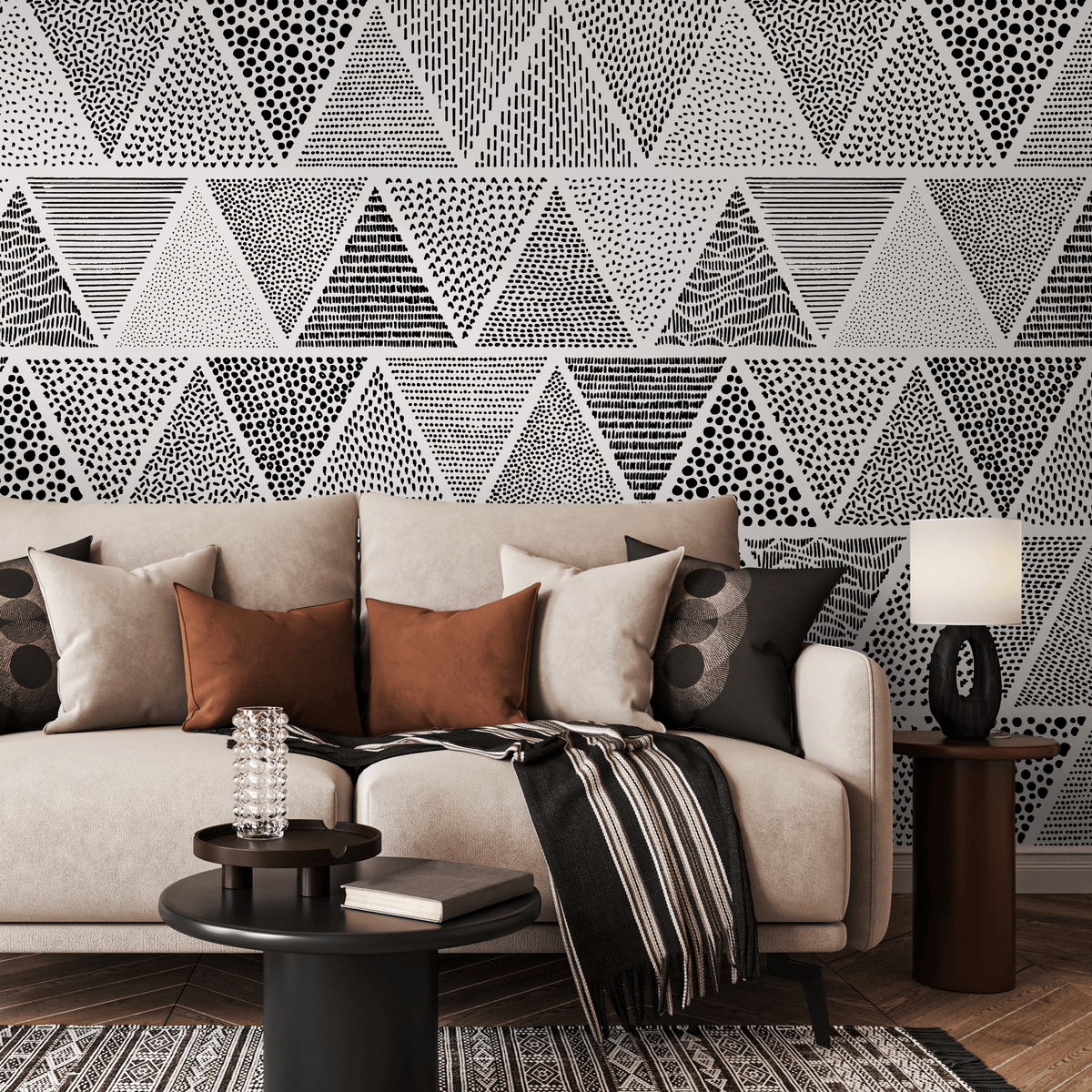 Geometric Wallpaper with Hand-Drawn Triangle Motifs in Black and White - detail view