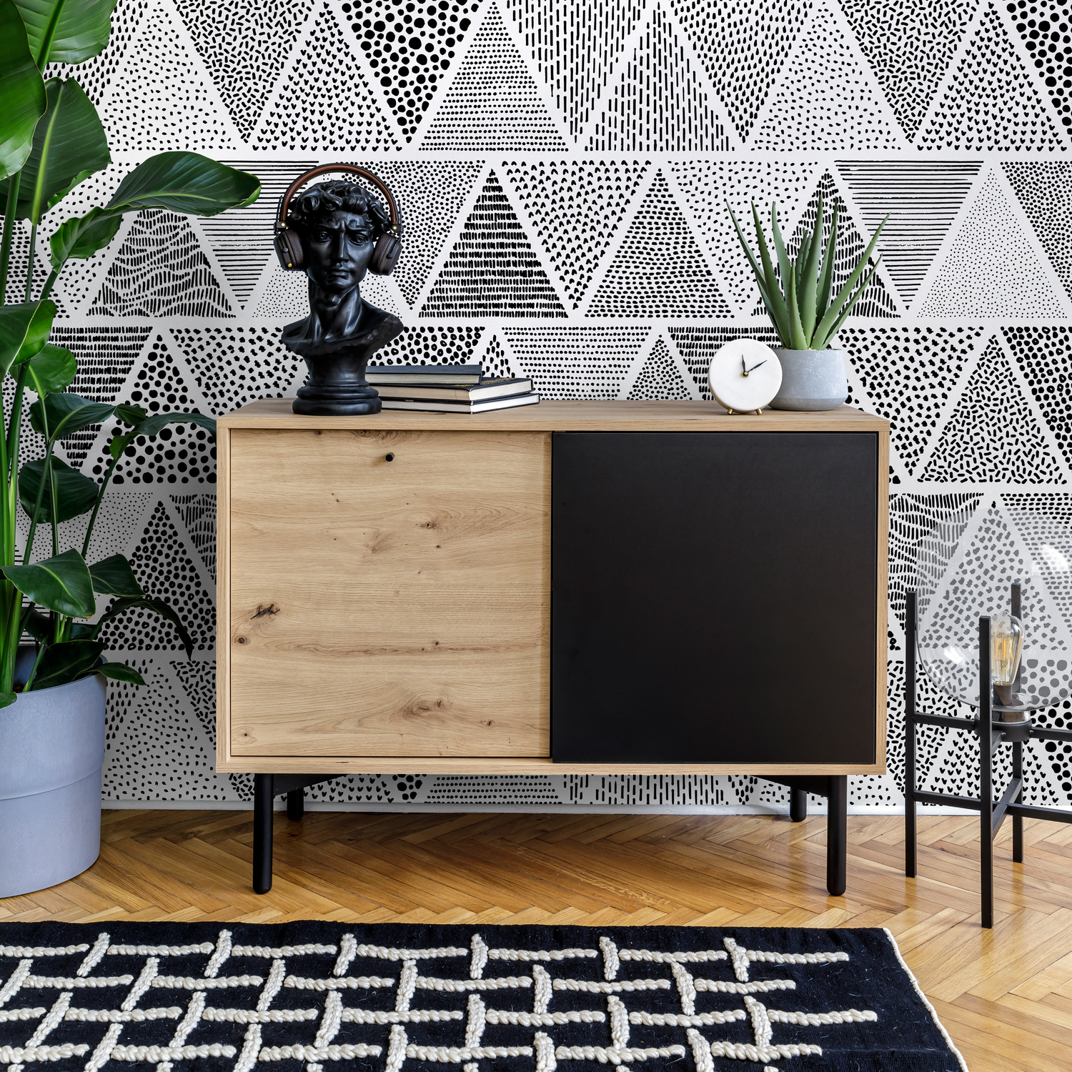 Papel pintado autoadhesivo, papel pintado removible, decoración de pared, decoración del hogar, arte de pared imprimible, decoración de habitación / Lunares en blanco y negro - C053