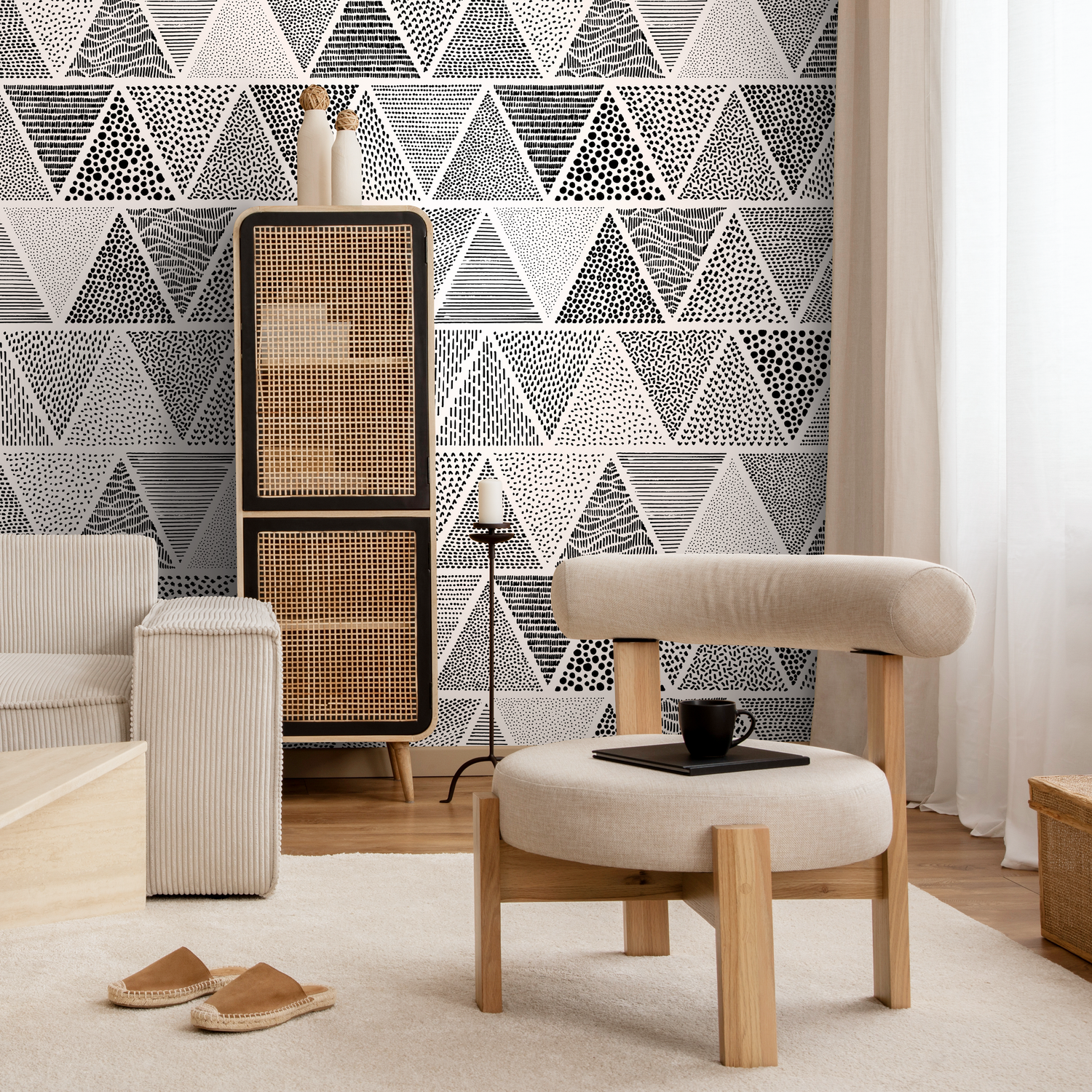 Papel pintado autoadhesivo, papel pintado removible, decoración de pared, decoración del hogar, arte de pared imprimible, decoración de habitación / Lunares en blanco y negro - C053