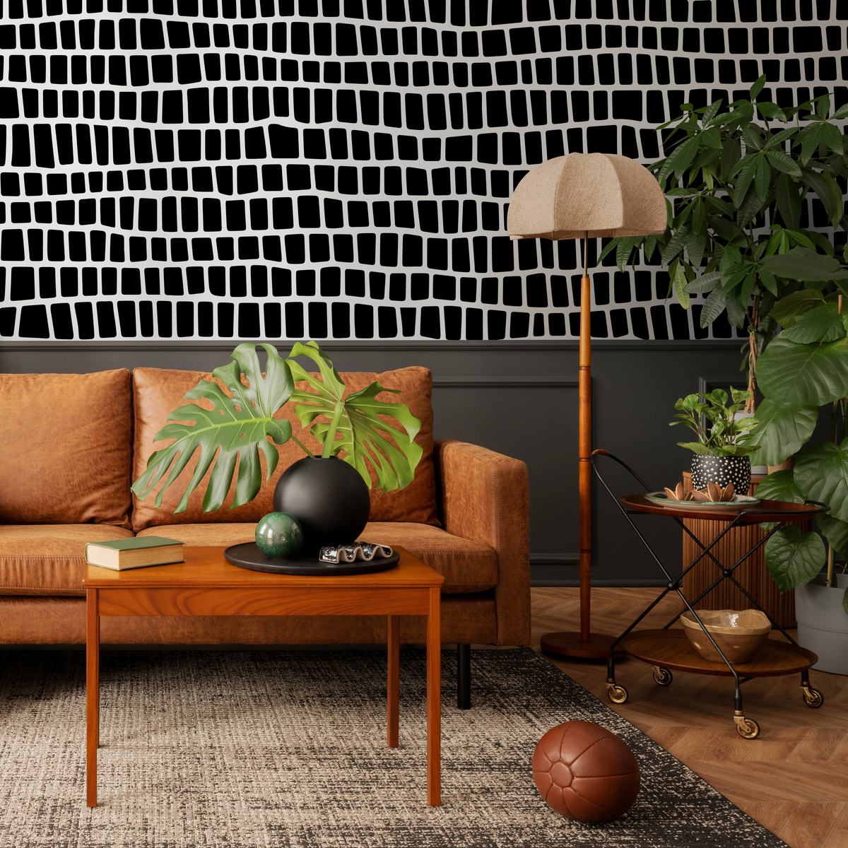 Geometric Wallpaper Featuring an Irregular Block Print in Black and White - detail view