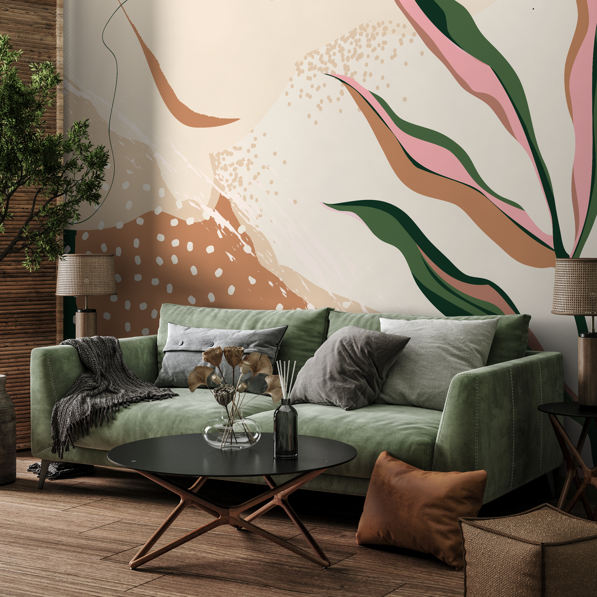 Abstract Wallpaper with Botanical Shapes in Terracotta, Green, Beige and Pink - detail view