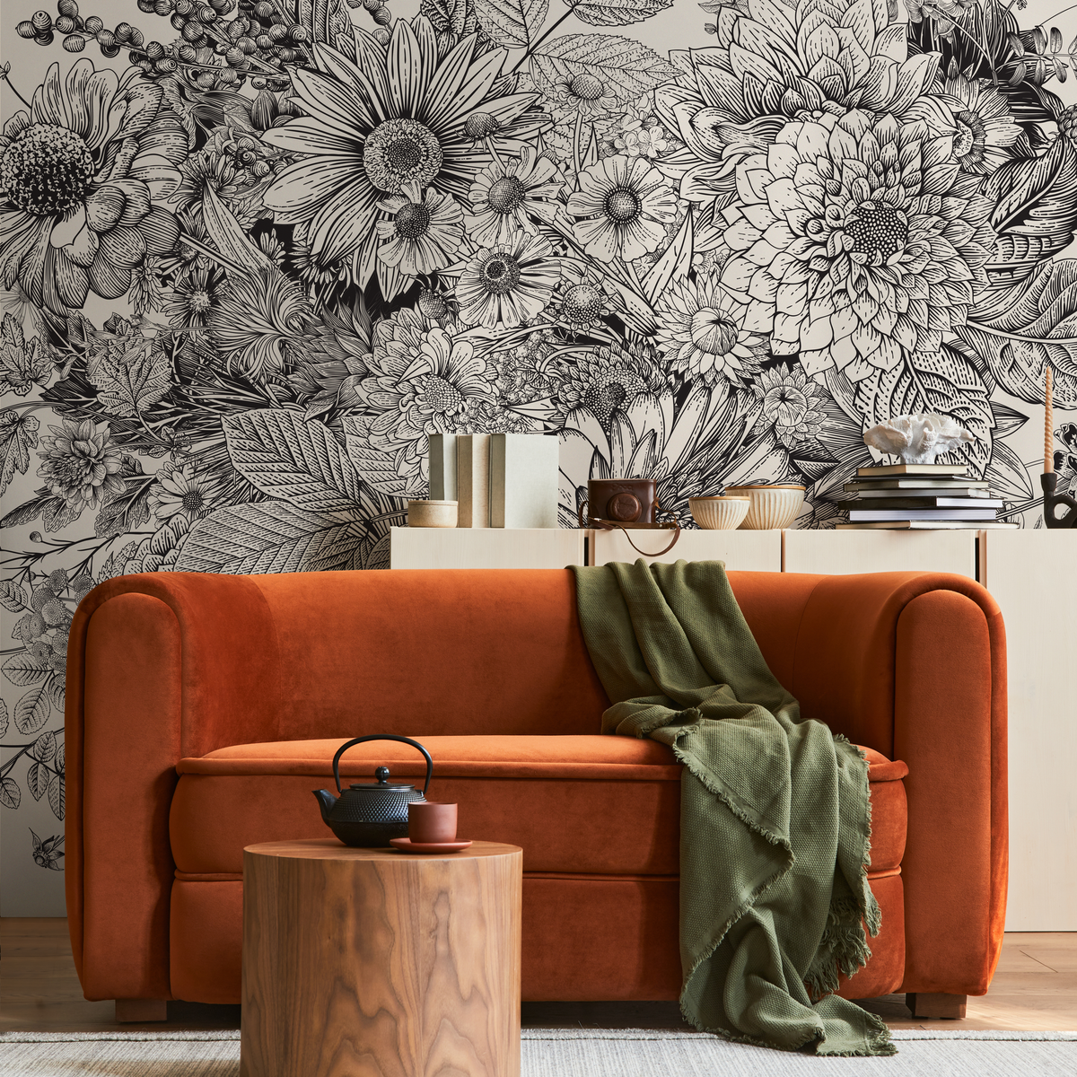 Floral Wallpaper with a Detailed Botanical Sketch in Black and Cream - detail view