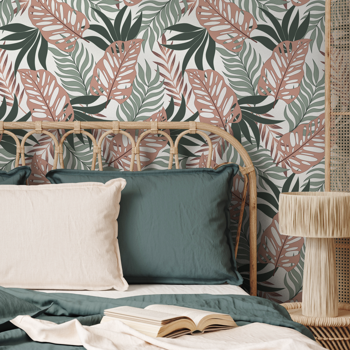 Tropical Wallpaper with Overlapping Monstera Leaves in Coral, Sage, and Dark Green - detail view