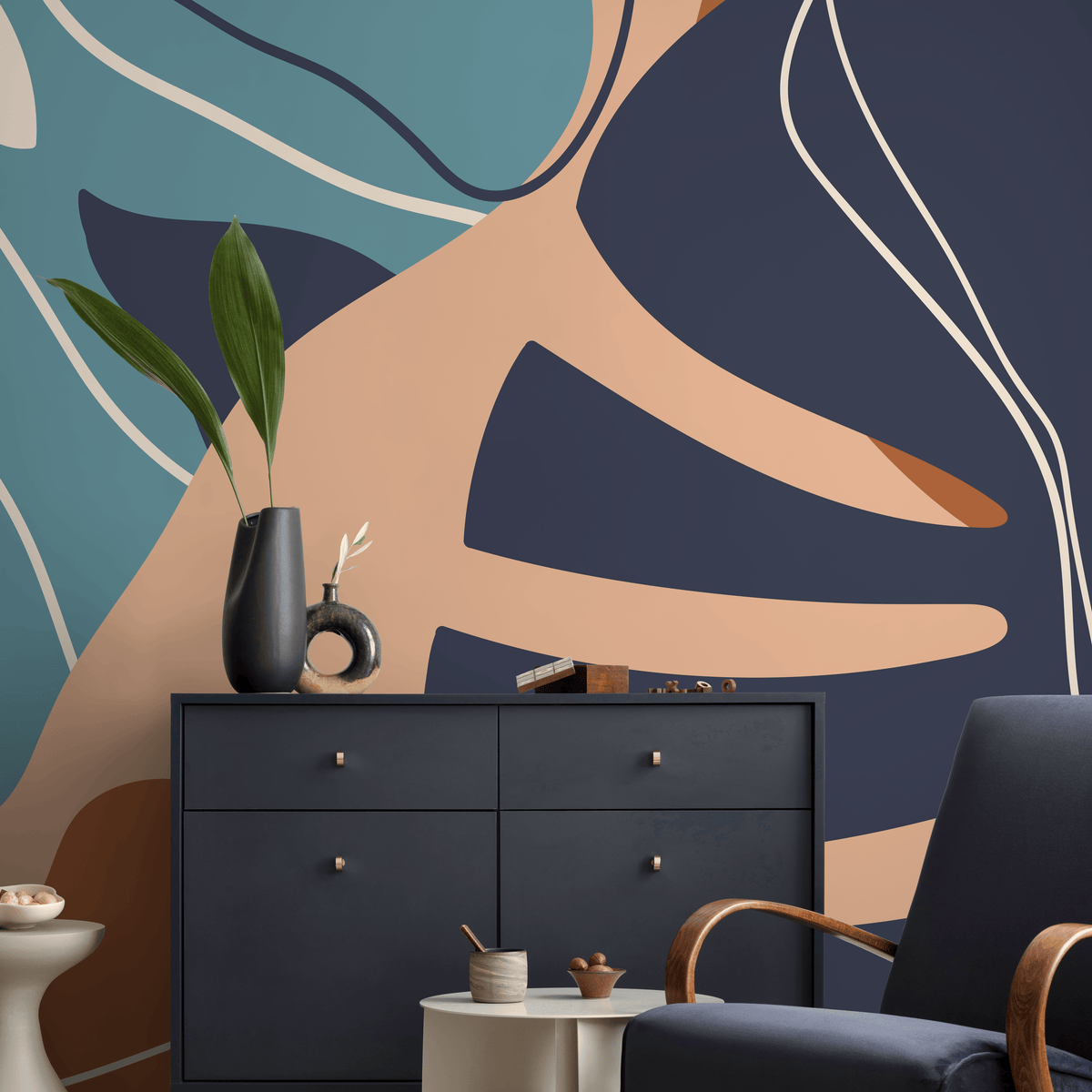 Abstract Wallpaper Featuring a Stylized Leaf in Navy Blue, Tan, and Teal - detail view
