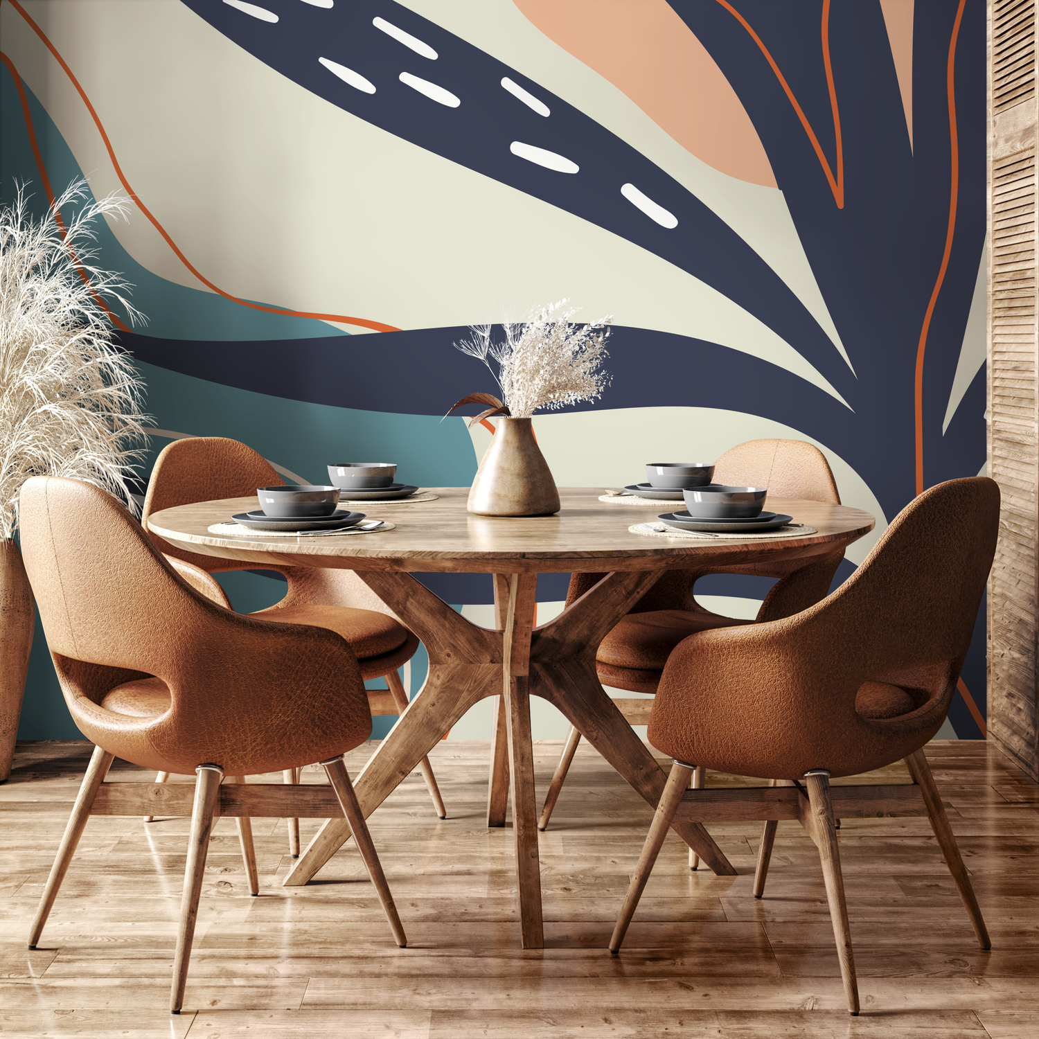 Abstract Wallpaper with Organic Leaf Shapes in Navy Blue, Teal, and Terracotta - installation view