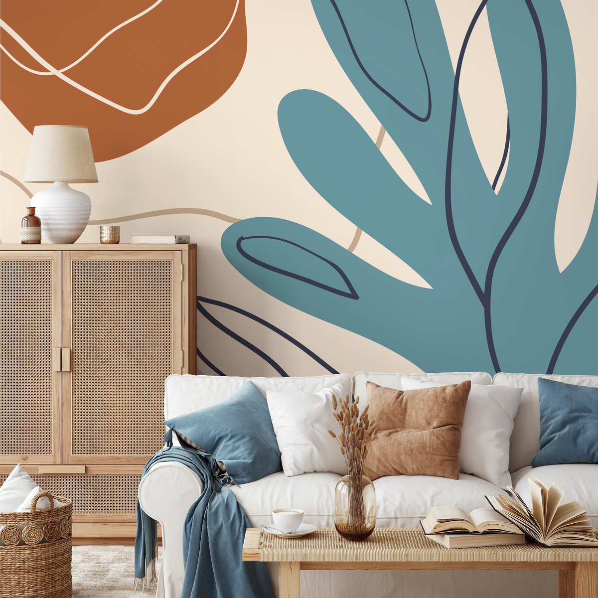 Abstract Wallpaper with Stylized Botanical Shapes in Teal and Terracotta - detail view