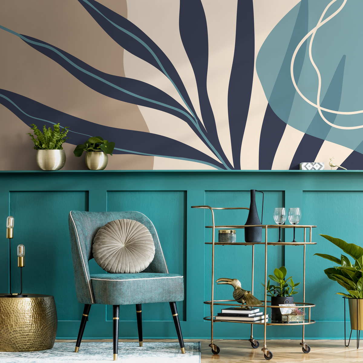 Abstract Wallpaper with Modern Botanical Forms in Navy Blue, Teal, and Beige - detail view