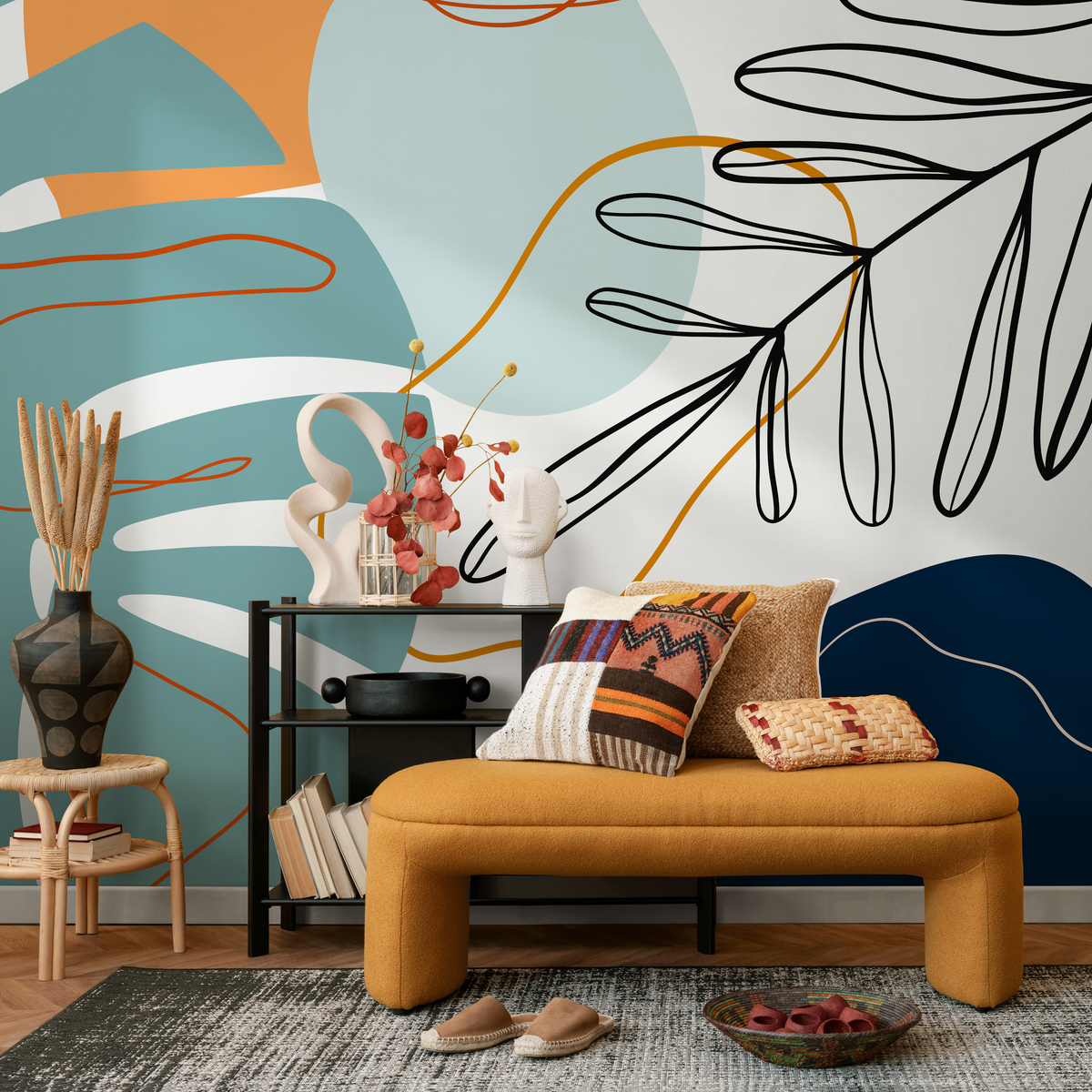 Abstract Wallpaper with Botanical Line Art and Shapes in Teal, Orange, and Blue - detail view