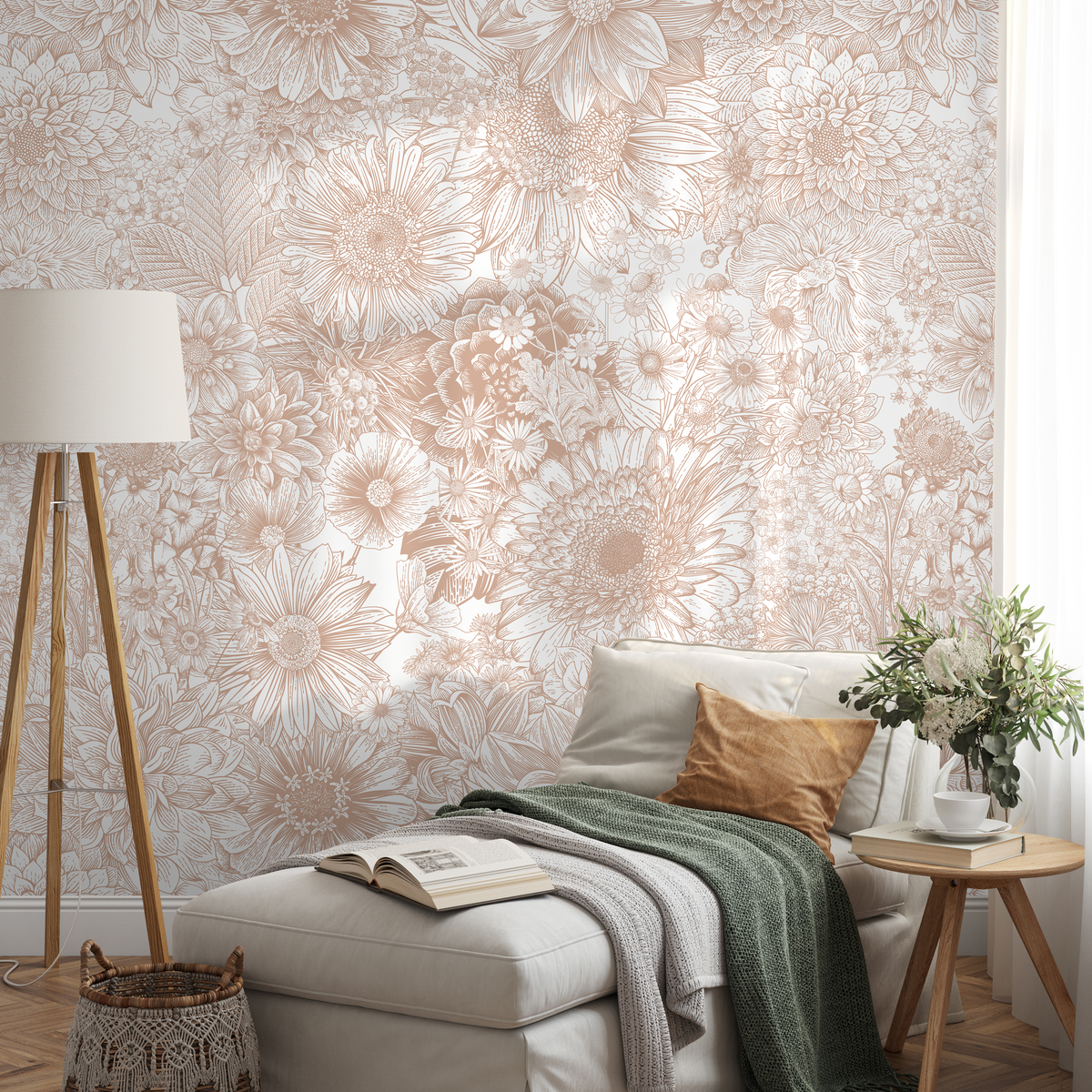 Floral Wallpaper with a Detailed Line Art Motif in Dusty Rose - detail view