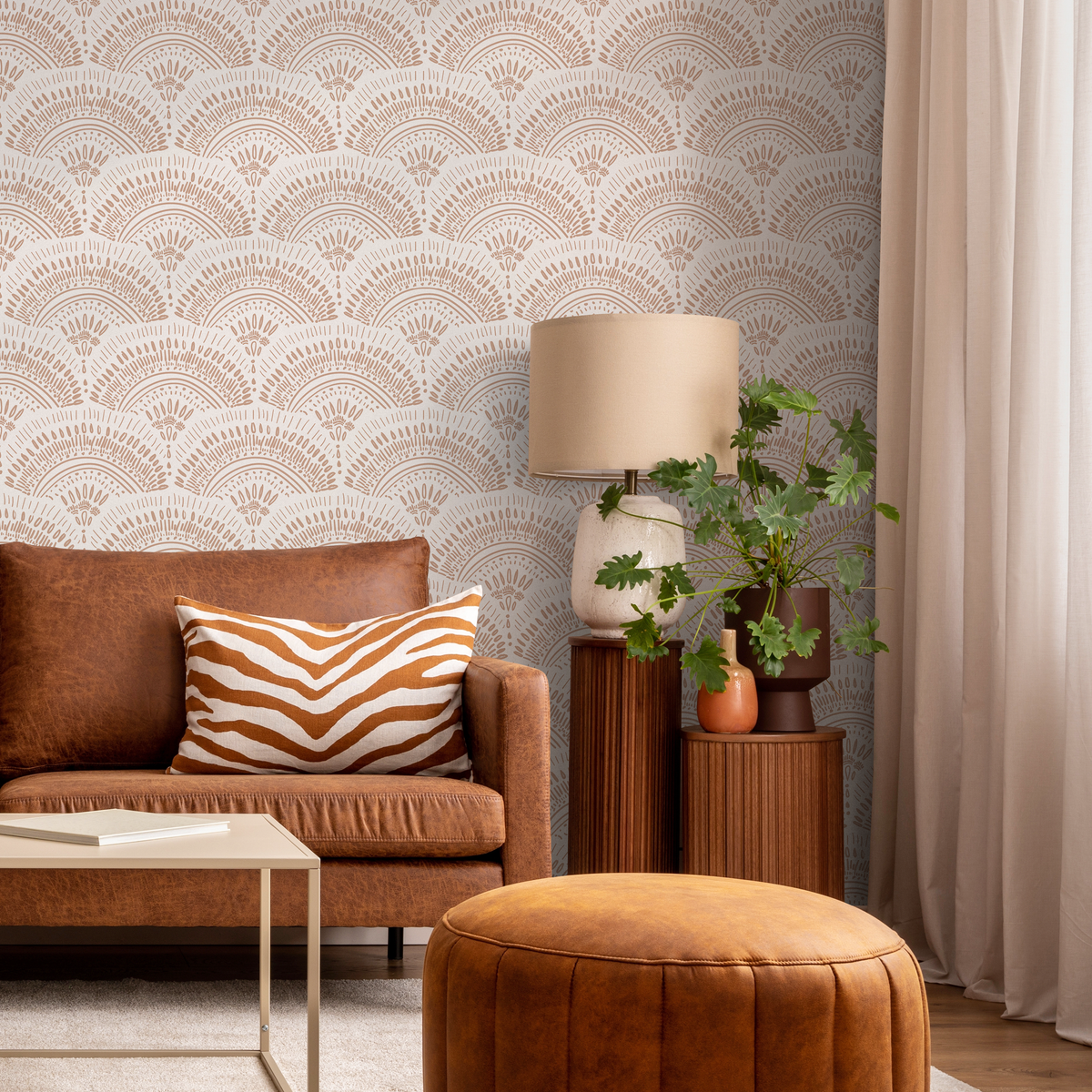 Boho Wallpaper with an Intricate Scalloped Fan Motif in Tan - detail view