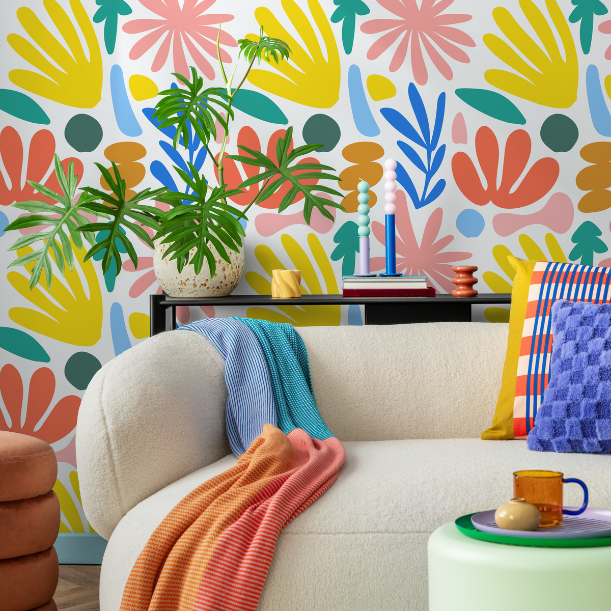 Abstract Floral Wallpaper with Colorful Organic Shapes in Yellow, Blue, and Orange - detail view