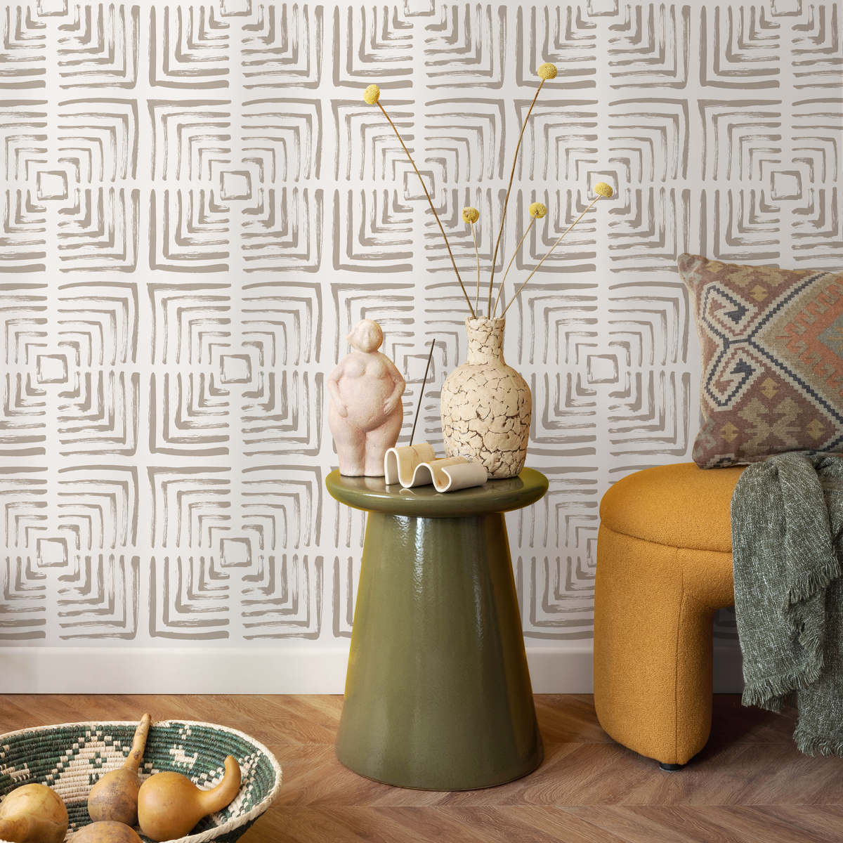 Geometric Wallpaper with a Brushed Square Labyrinth in Taupe - detail view