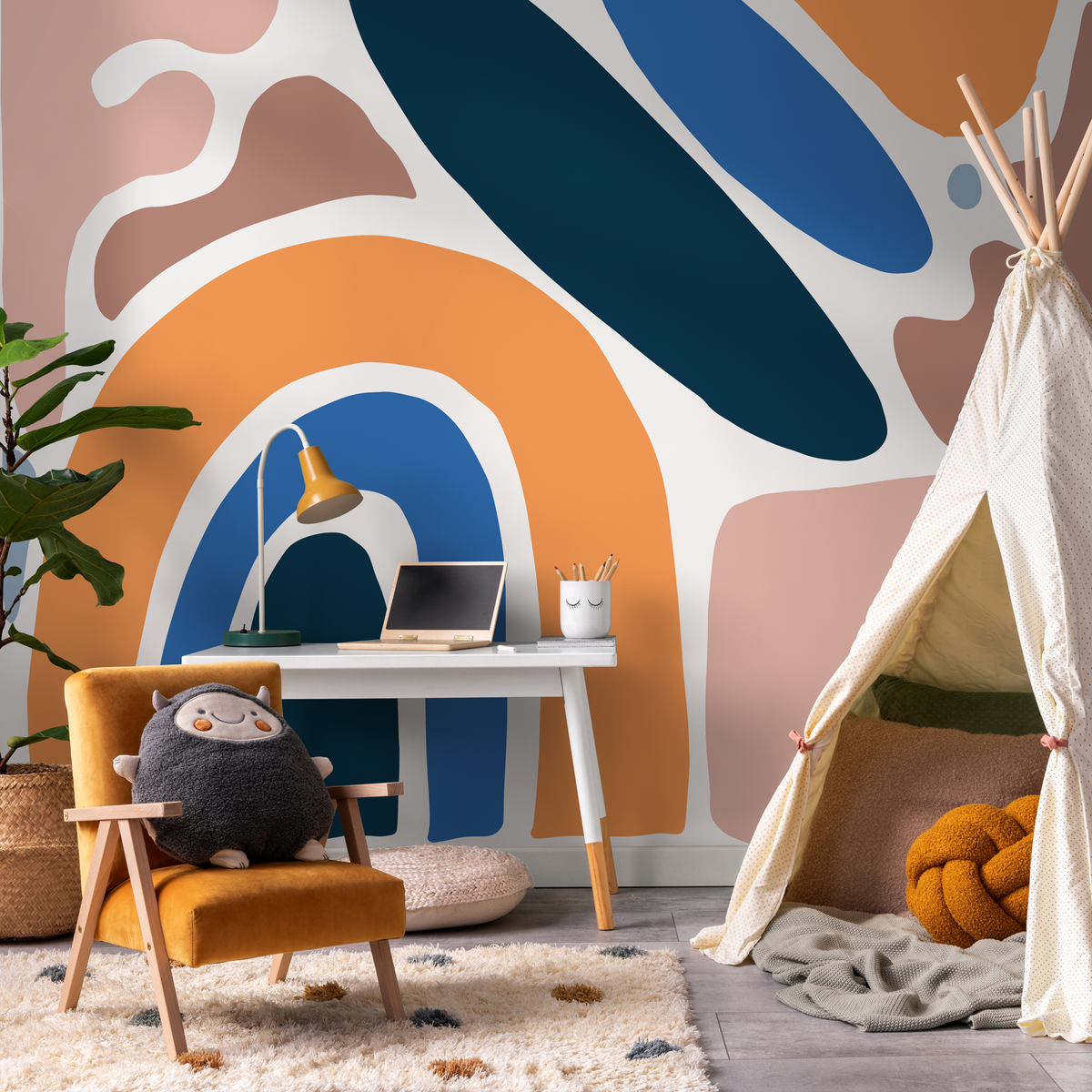 Abstract Wallpaper with an Organic Rainbow in Orange, Blue, and Pink - detail view