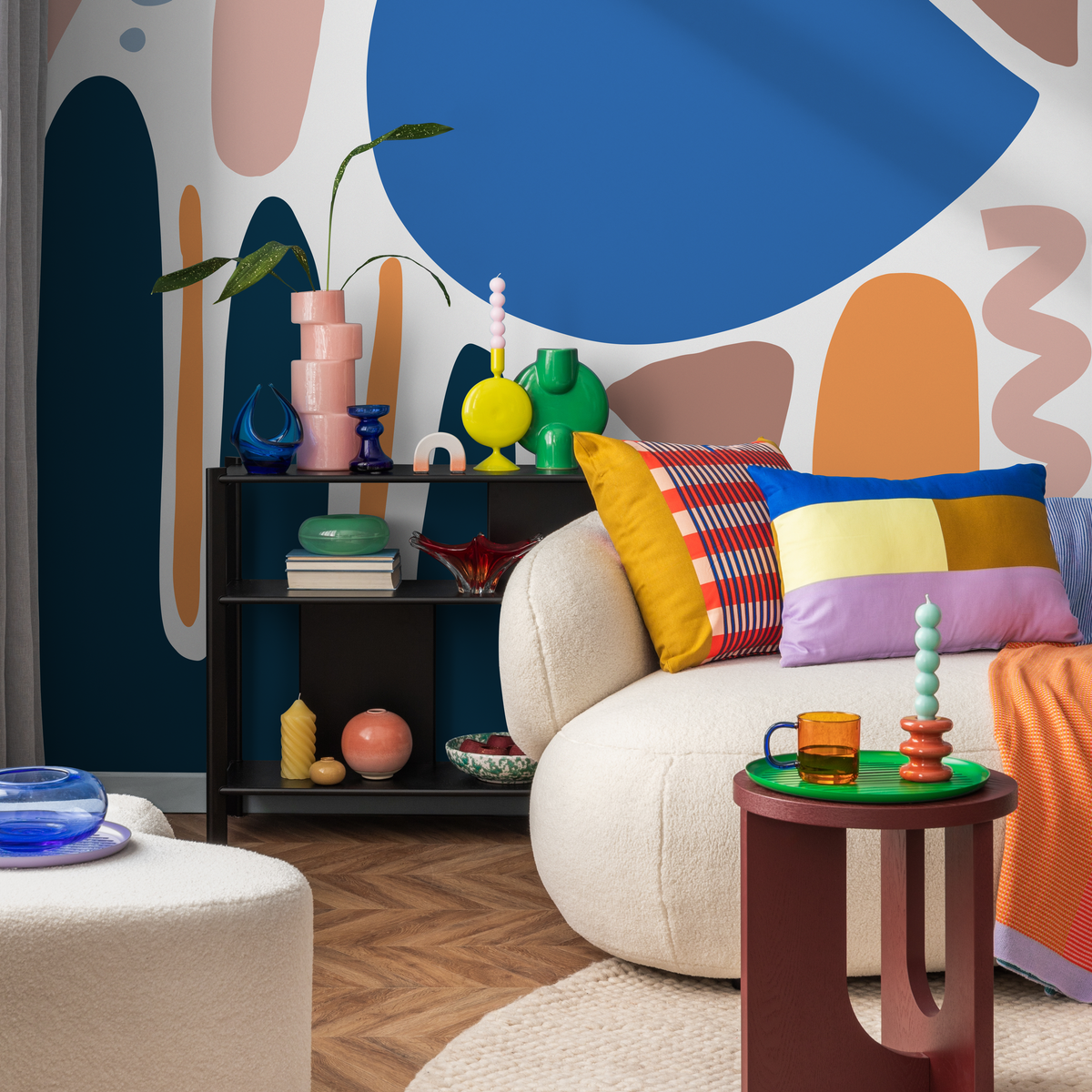 Abstract Wallpaper with Large Organic Shapes in Blue, Orange, and Pink - detail view