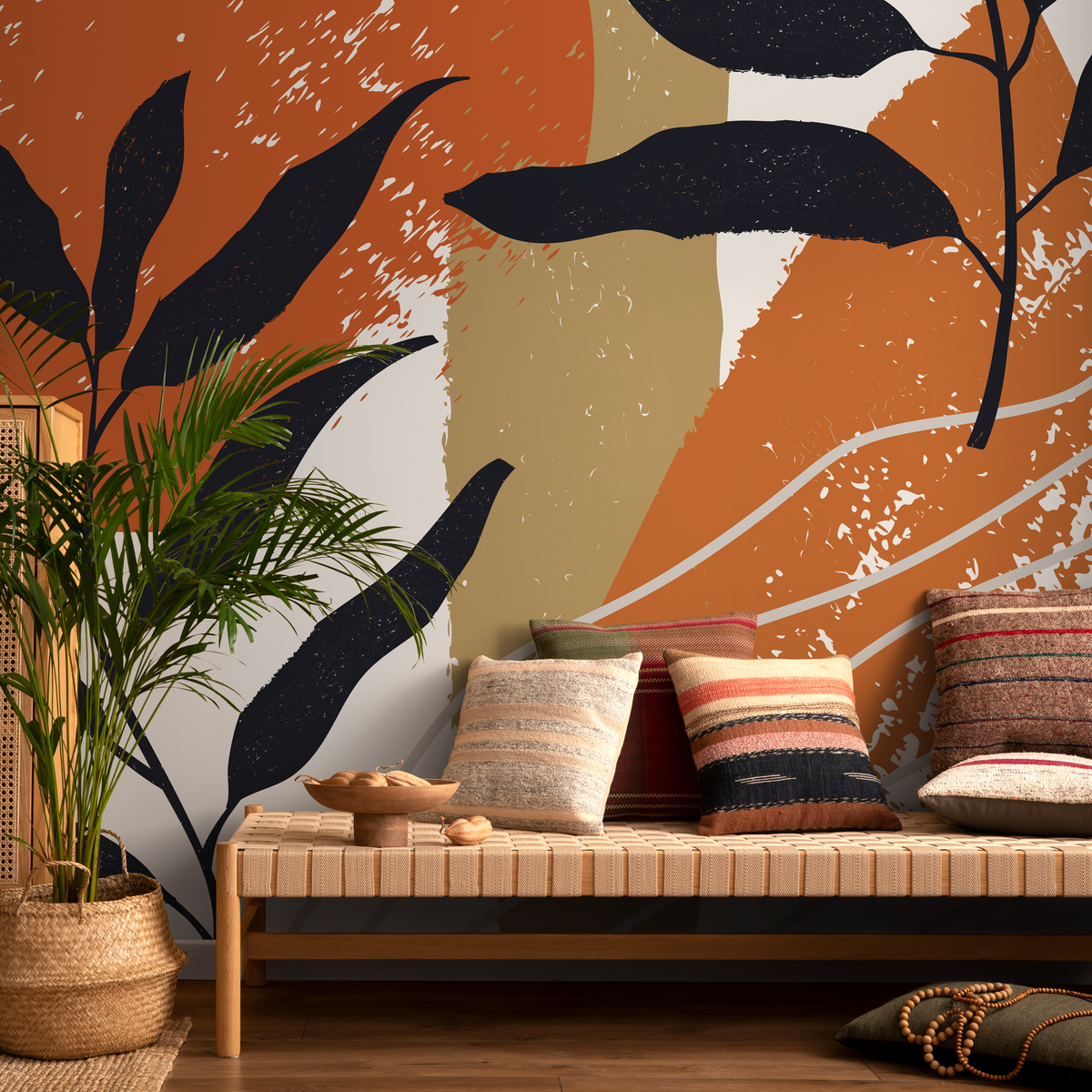 Abstract Wallpaper with Botanical Silhouettes in Terracotta, Black, and Tan - detail view