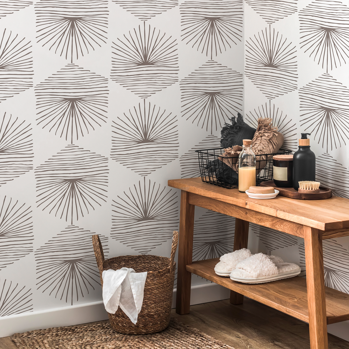 Geometric Wallpaper with Hand-Drawn Fan Motifs in Taupe - detail view
