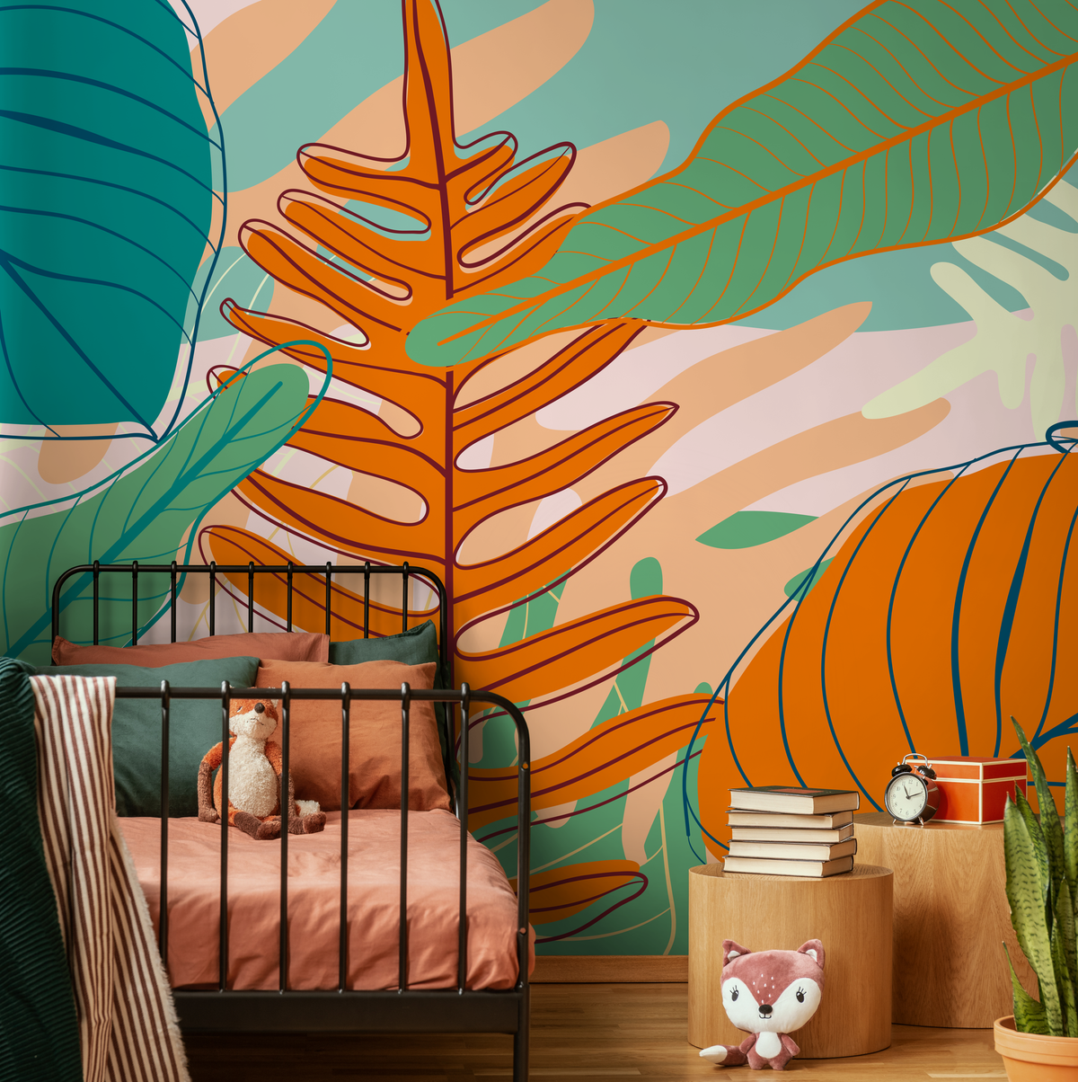 Tropical Wallpaper with Stylized Leaves in Orange, Green, and Teal - detail view