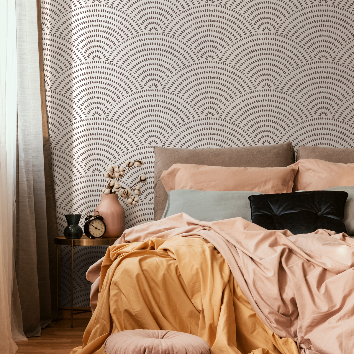 Modern Geometric Wallpaper with an Arched Dot Pattern in Brown - detail view