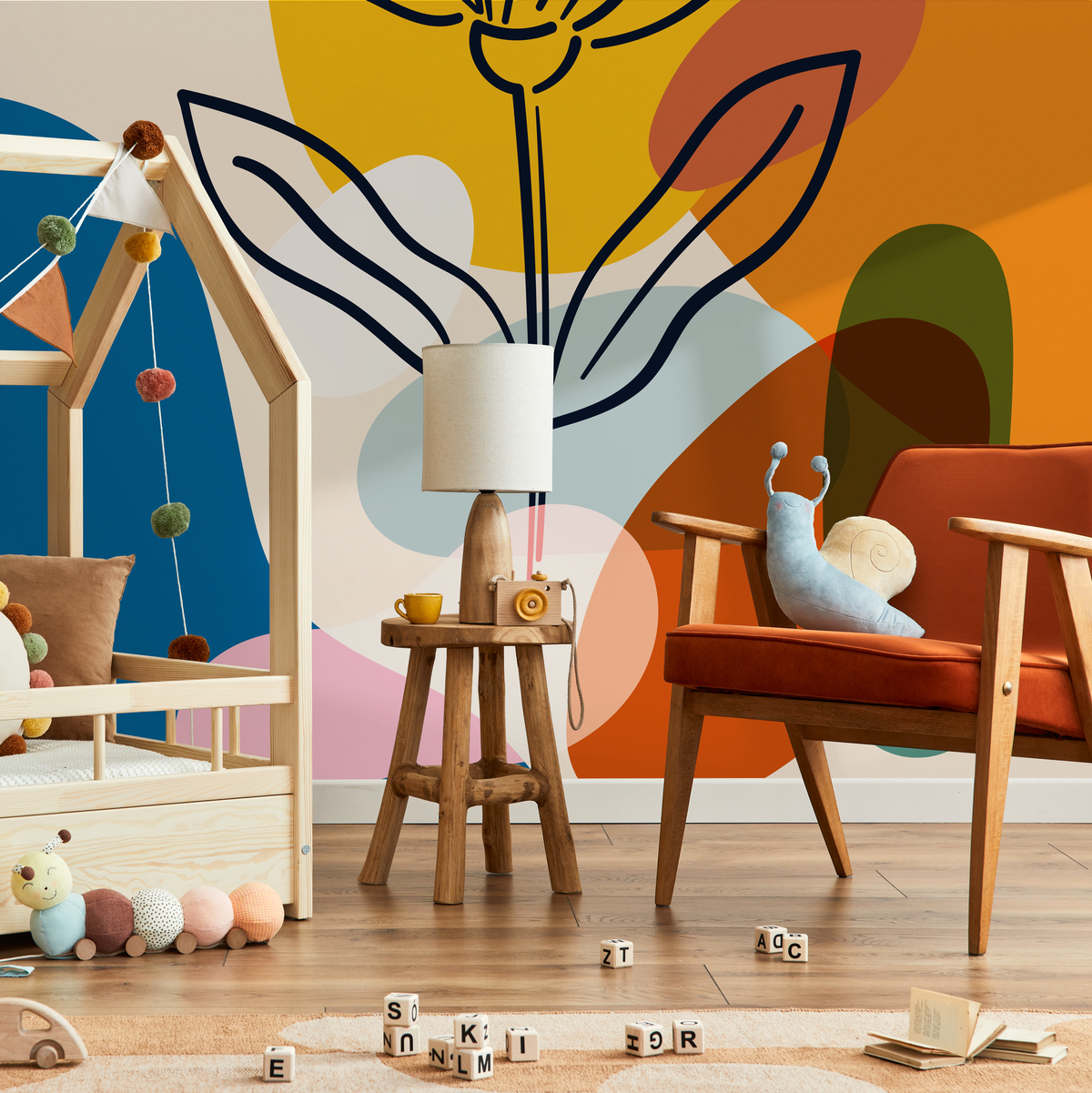 Abstract Wallpaper with a Bold Line Art Flower in Yellow, Orange, and Blue - detail view