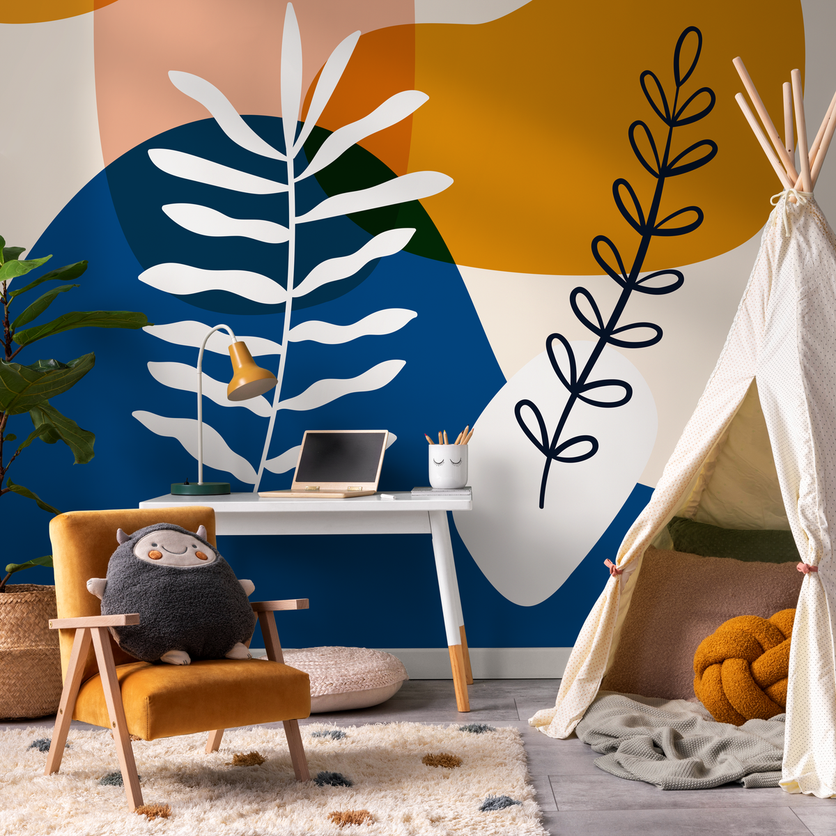 Abstract Wallpaper with Botanical Motifs in Navy Blue, Mustard, and Terracotta - detail view