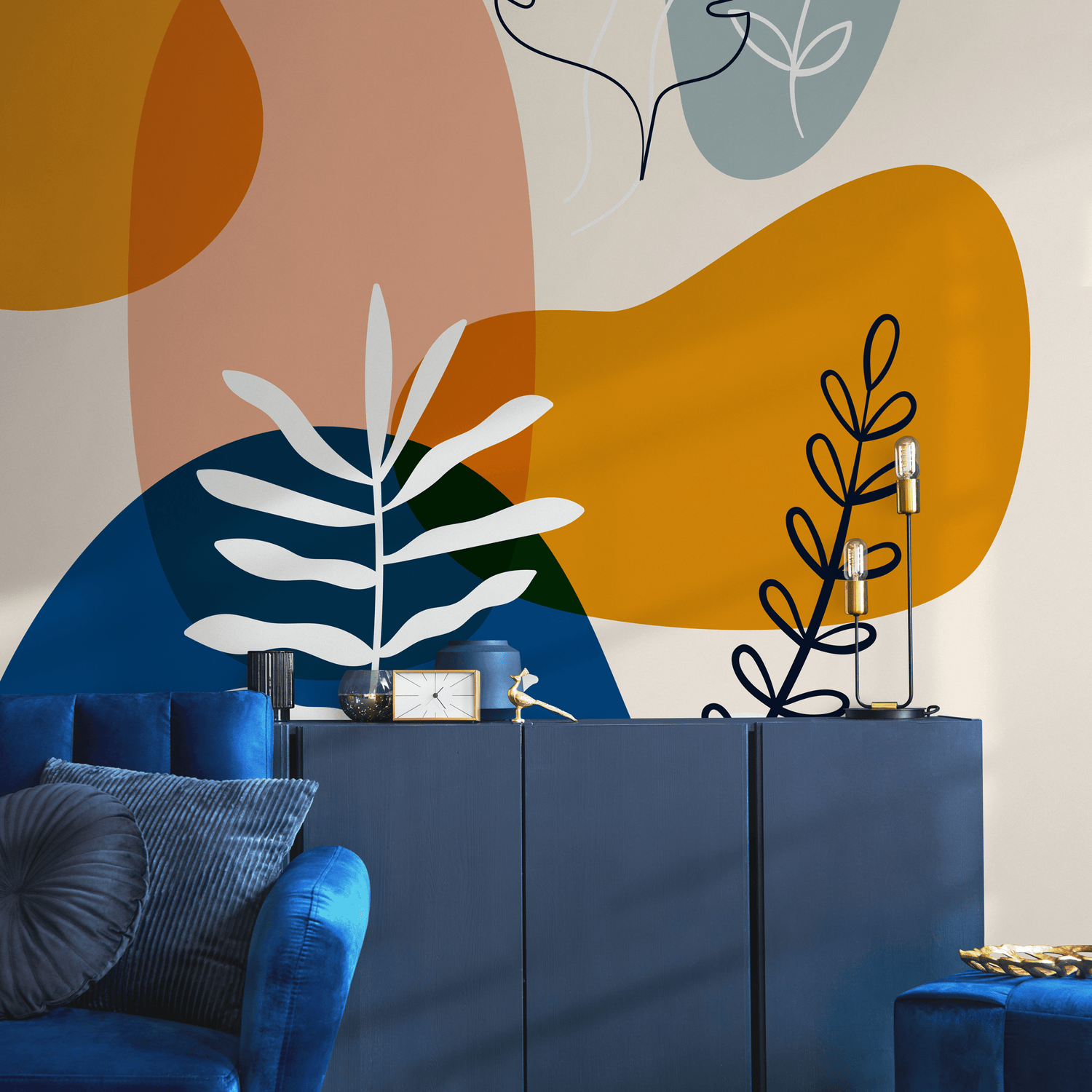 Abstract Wallpaper with Botanical Motifs in Navy Blue, Mustard, and Terracotta - C078