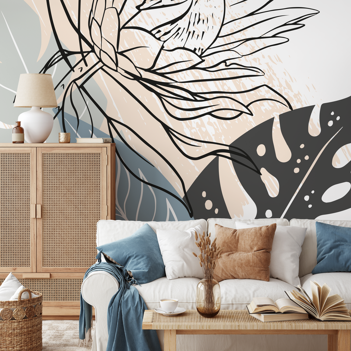 Abstract Wallpaper with Bold Floral Line Art in Black, Blue, and Beige - detail view