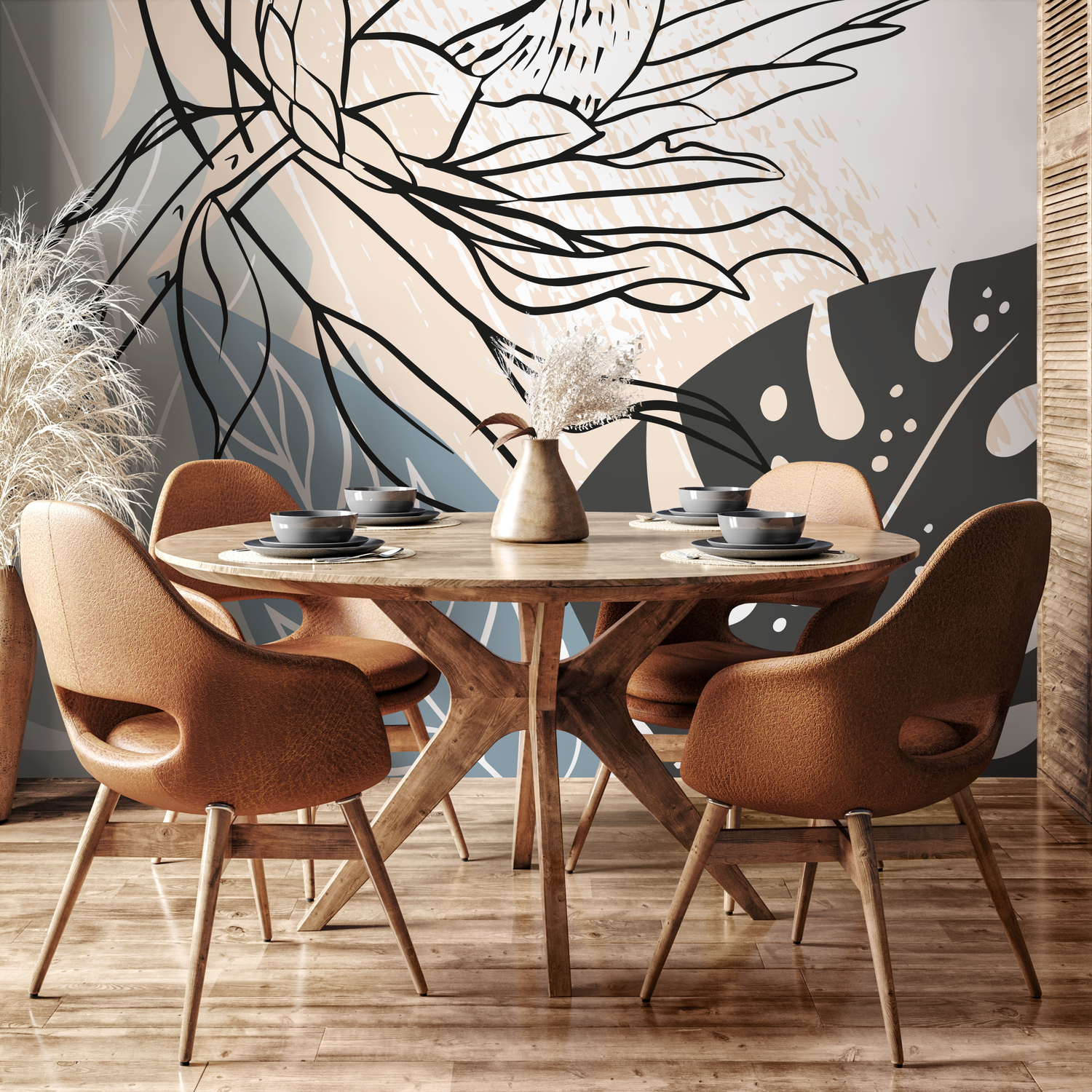 Abstract Wallpaper with Bold Floral Line Art in Black, Blue, and Beige - C079