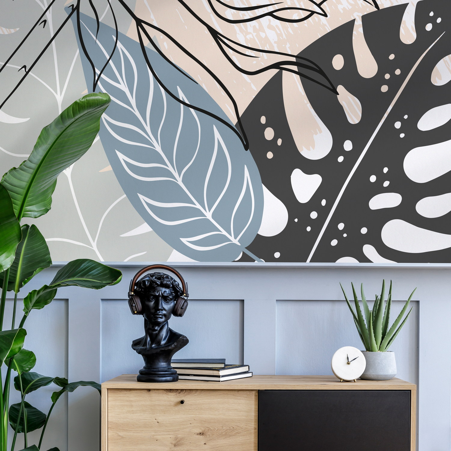 Abstract Wallpaper with Bold Floral Line Art in Black, Blue, and Beige - C079
