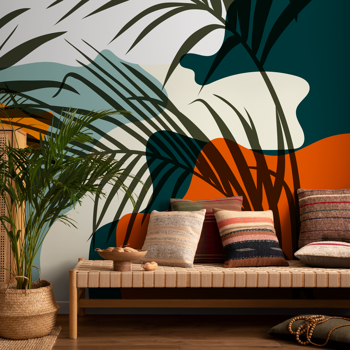 Tropical Wallpaper with Abstract Leaf Shapes in Teal, Orange, and Dark Green - detail view