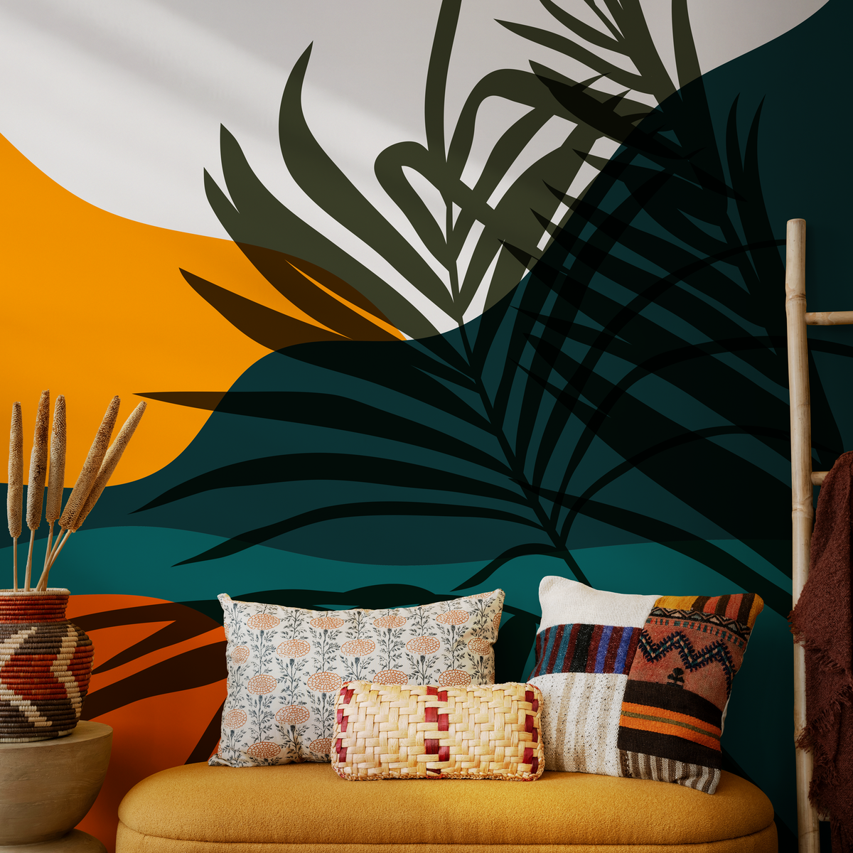 Botanical Wallpaper with Abstract Palm Leaves in Teal, Yellow, and Green - detail view