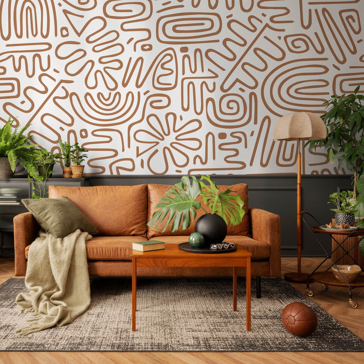 Abstract Wallpaper with Primitive Line Art in Brown - detail view