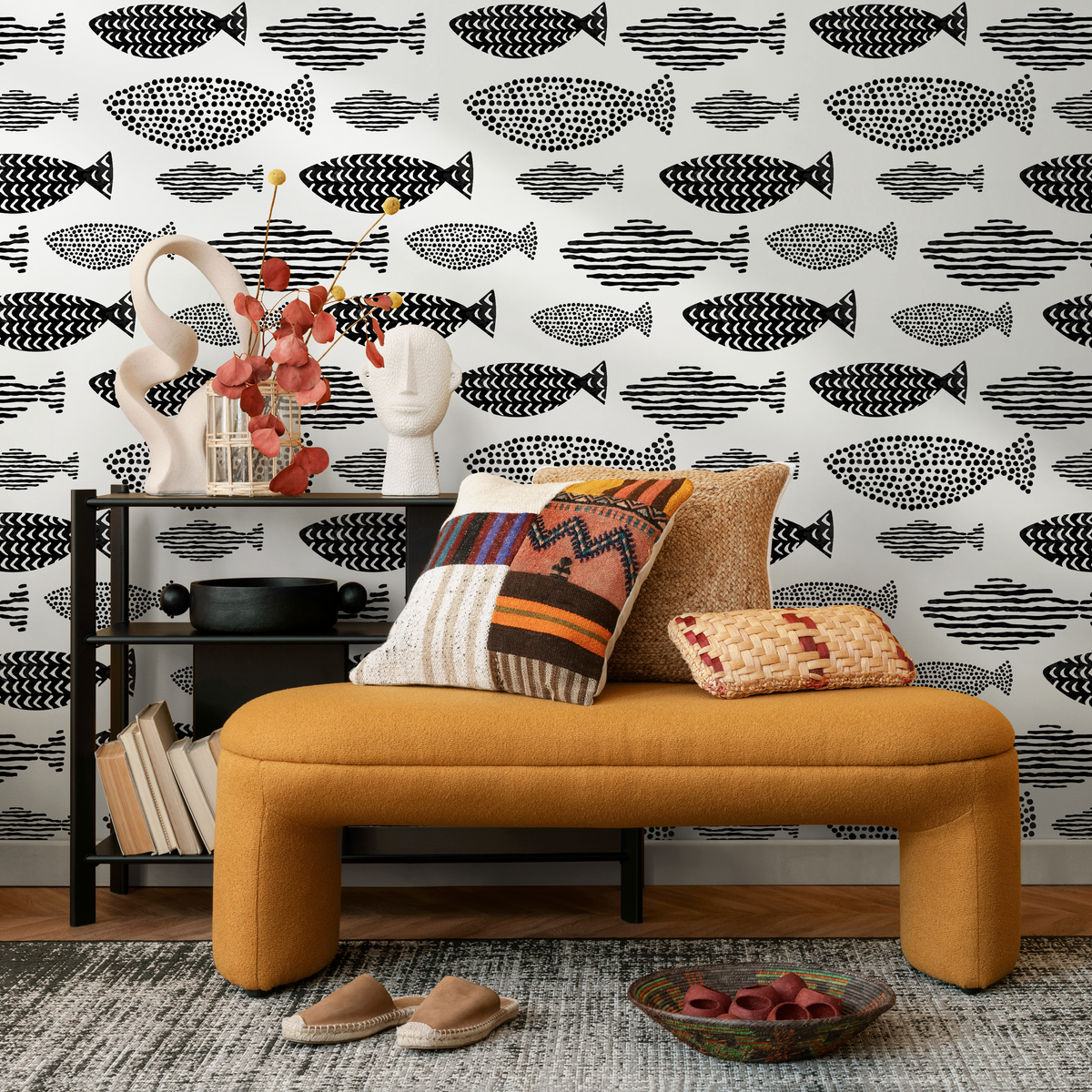 Coastal Wallpaper with a Stylized Fish Motif in Black and White - detail view