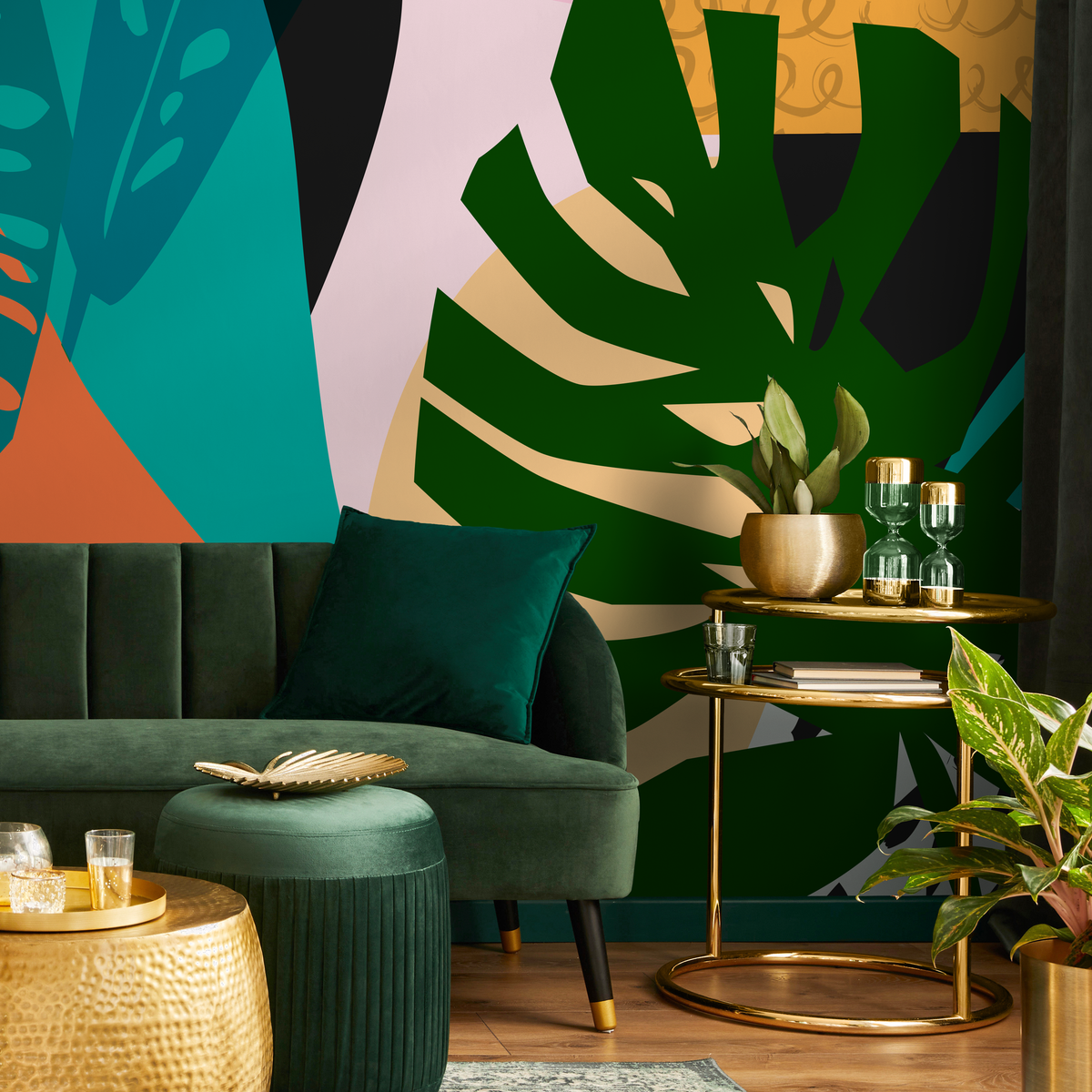 Abstract Wallpaper with a Tropical Leaf Collage in Green, Orange, and Teal - detail view