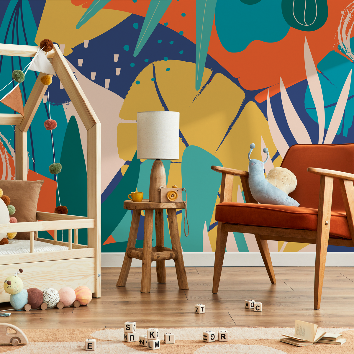 Abstract Wallpaper with a Modern Jungle Motif in Blue, Yellow, and Orange - detail view