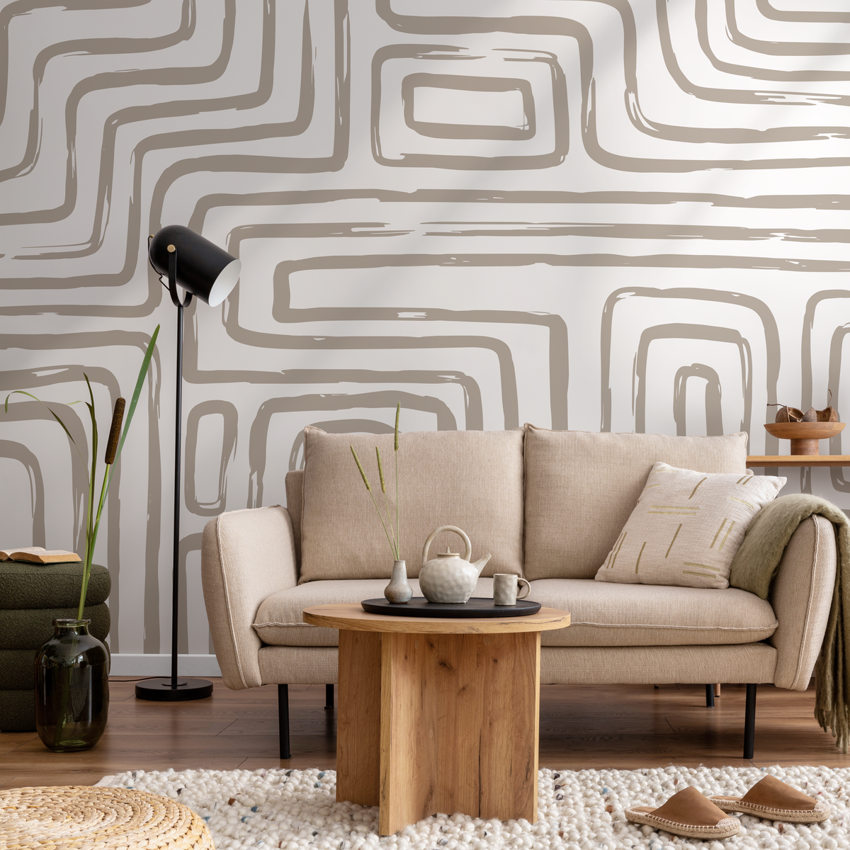 Abstract Wallpaper with Brushstroke Geometric Lines in Beige - detail view
