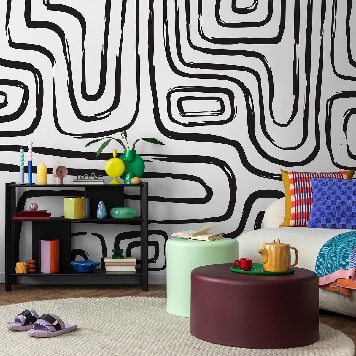 Modern Abstract Wallpaper with Bold Brush Stroke Lines in Black - detail view