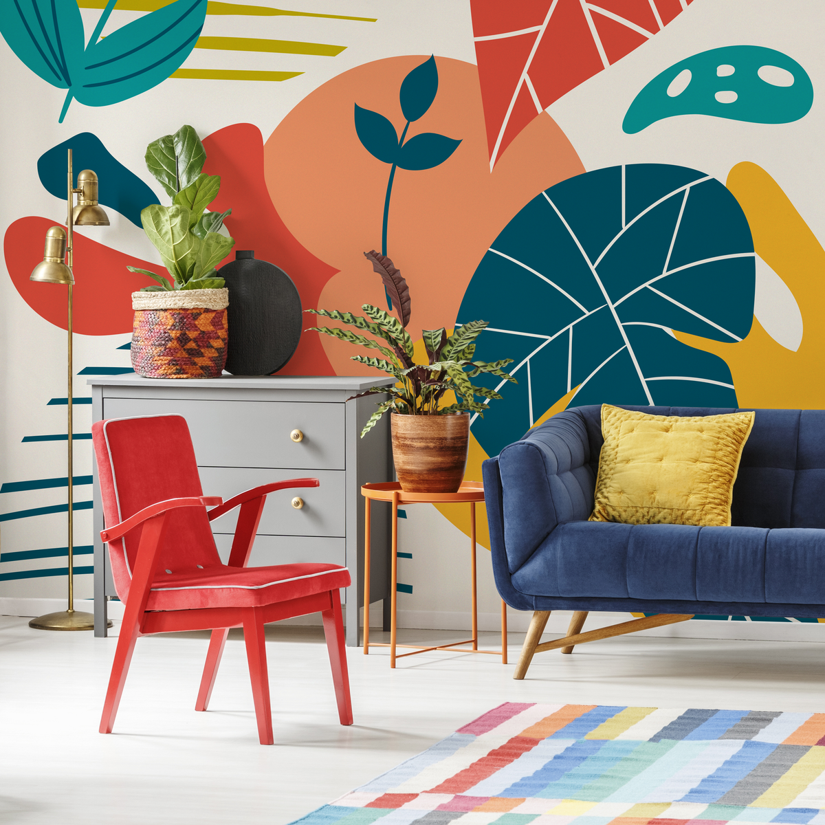 Abstract Wallpaper with Modern Organic Shapes in Teal, Yellow, and Red-Orange - detail view