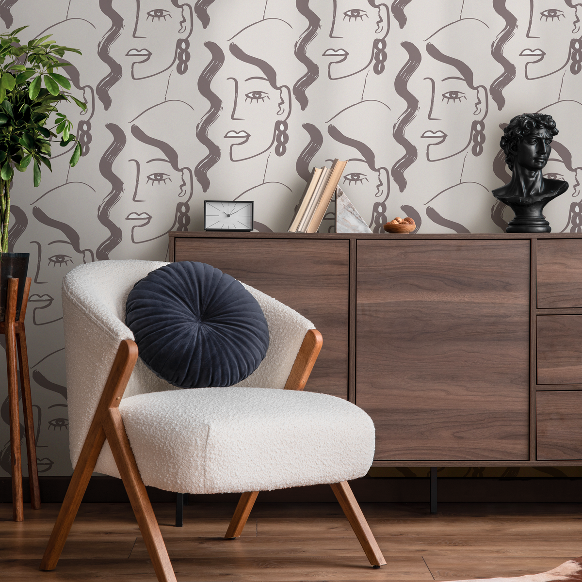 Modern Wallpaper with a Face Motif in Taupe - detail view