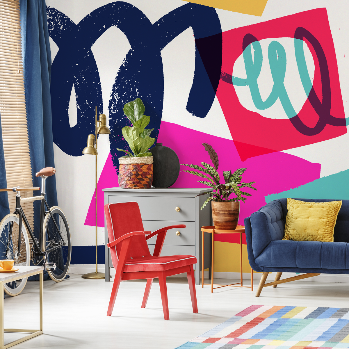 Abstract Wallpaper with Bold Brushstrokes in Dark Blue, Pink, and Teal - detail view