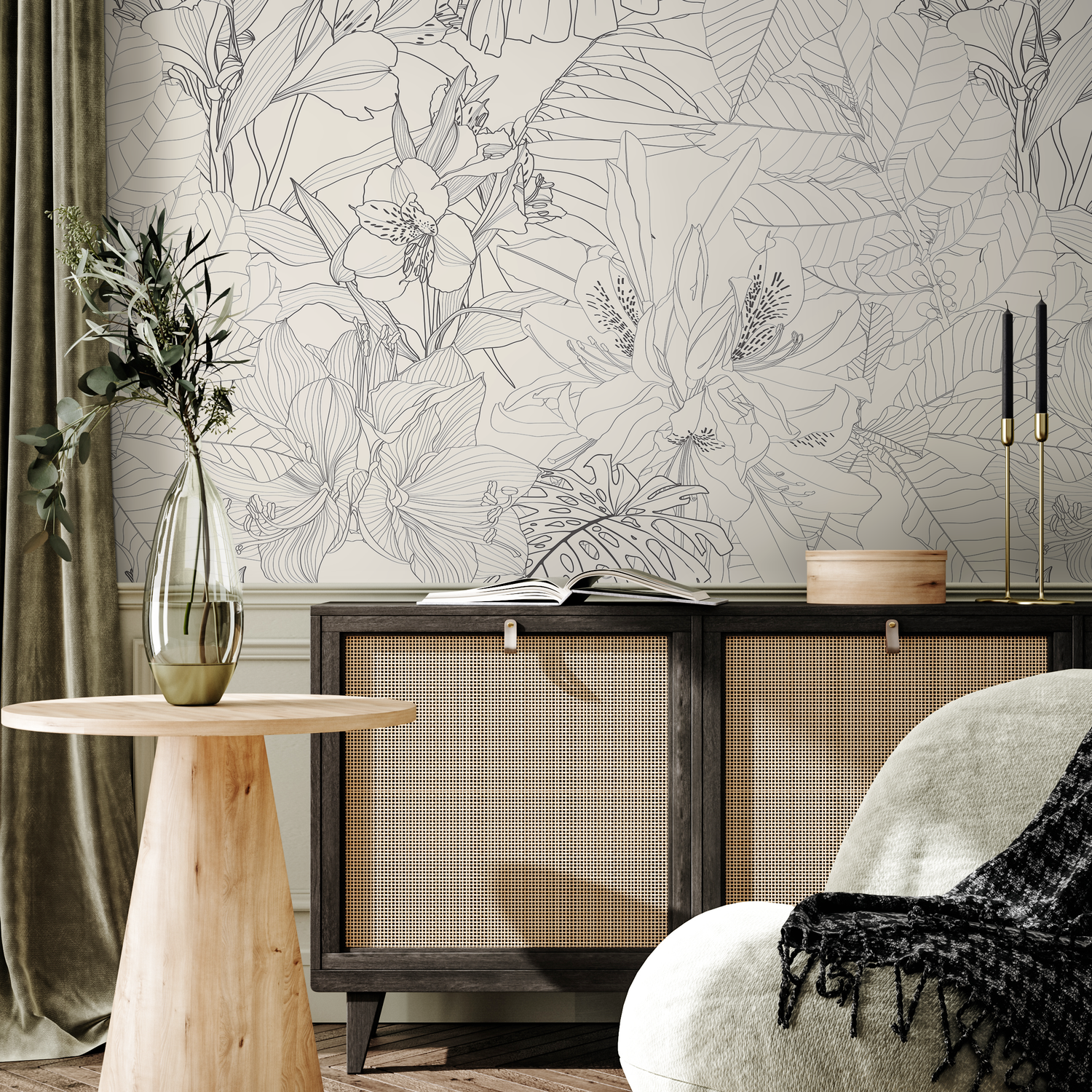 Papel pintado autoadhesivo, papel pintado extraíble, decoración del hogar, decoración de habitaciones, papel pintado bohemio neutro, papel pintado floral tropical - C095