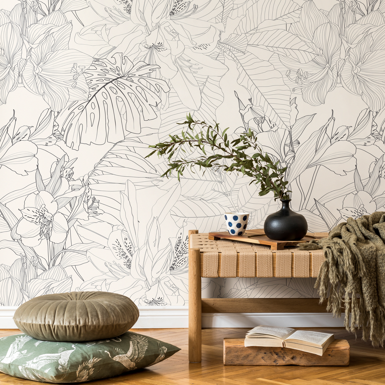 Papel pintado autoadhesivo, papel pintado extraíble, decoración del hogar, decoración de habitaciones, papel pintado bohemio neutro, papel pintado floral tropical - C095
