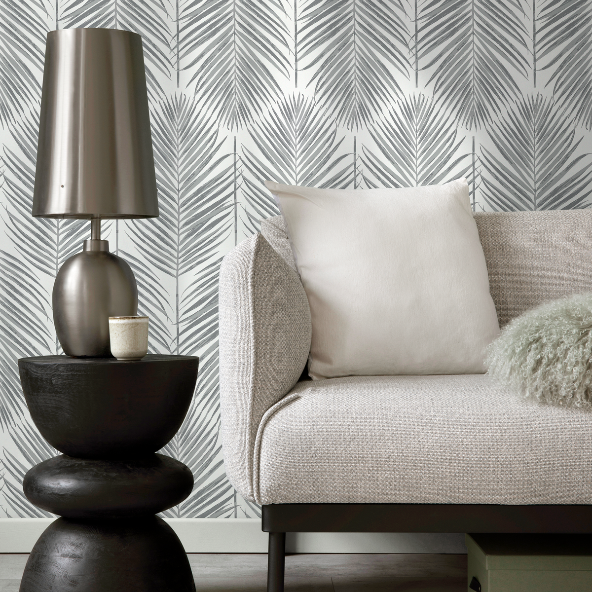 Botanical Wallpaper Featuring Vertical Palm Fronds in Gray - AS1 - detail view