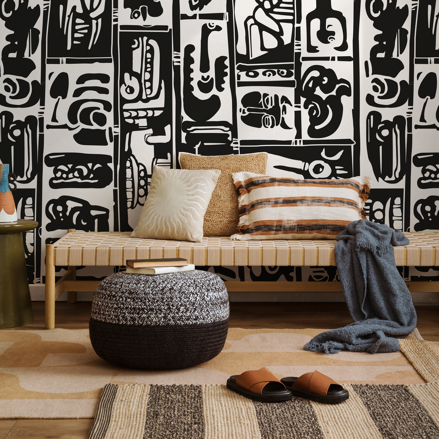 Abstract Wallpaper with Primitive Art Panels in Black and White - AS1-C099