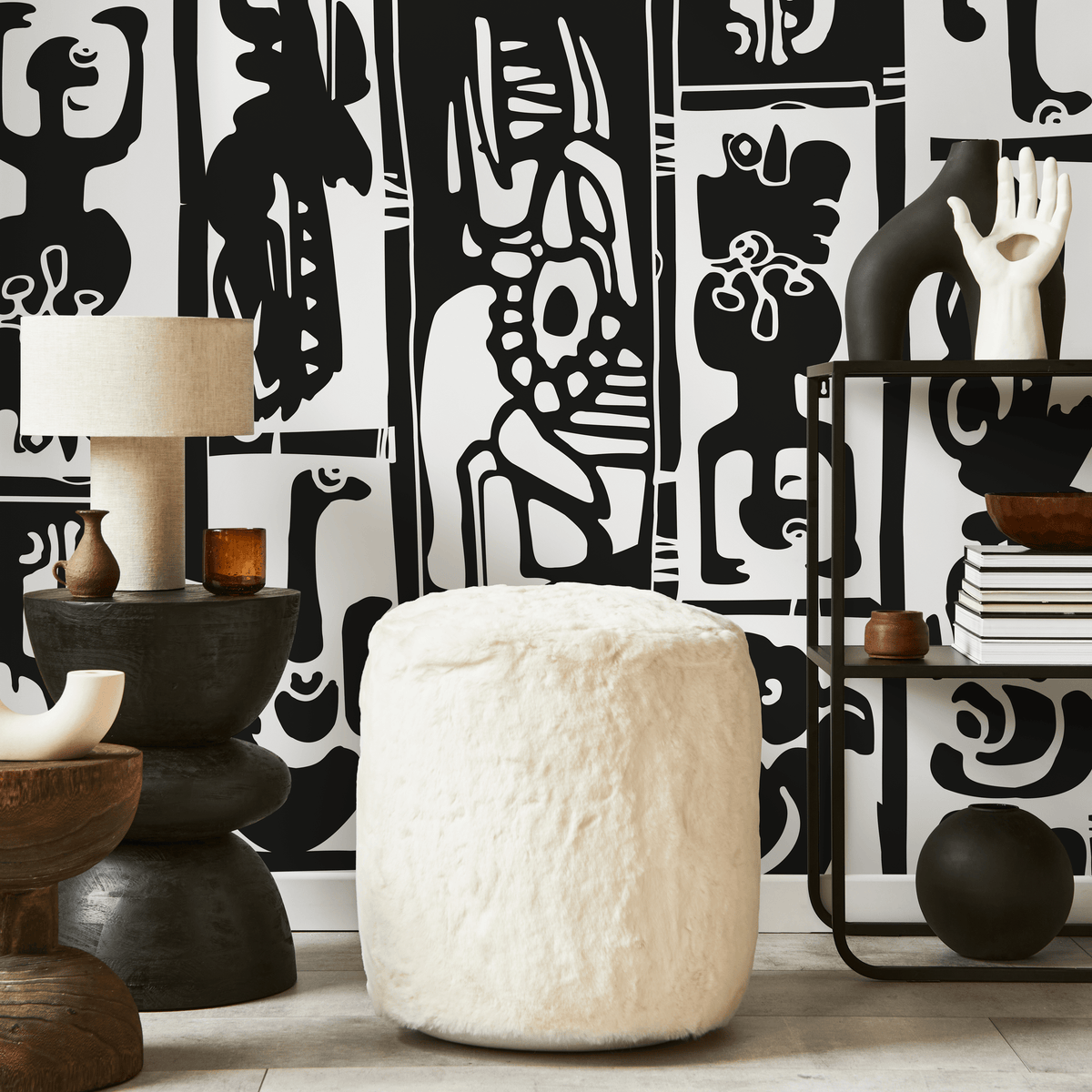 Abstract Wallpaper with Primitive Art Panels in Black and White - AS1 - detail view