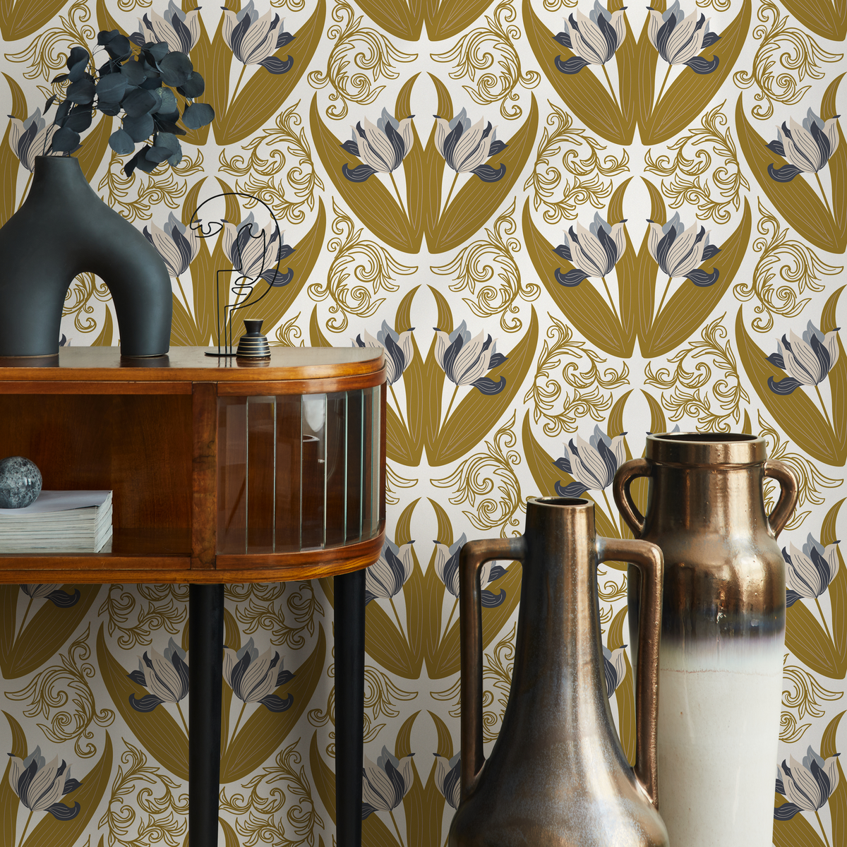 Art Nouveau Wallpaper with a Stylized Tulip Damask in Gold, Blue, and White - detail view