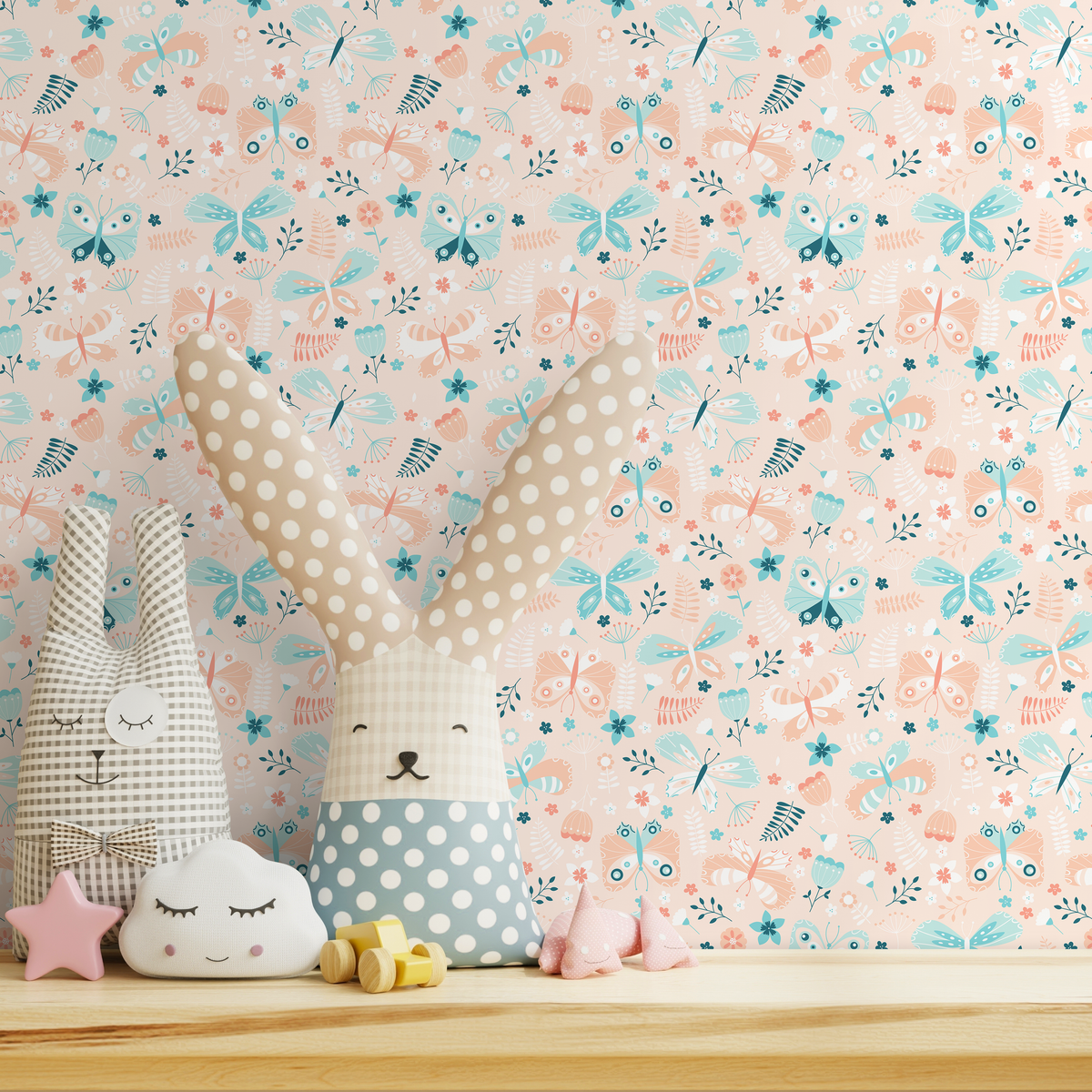 Scandinavian Wallpaper with Folk Art Butterflies in Peach and Teal - detail view
