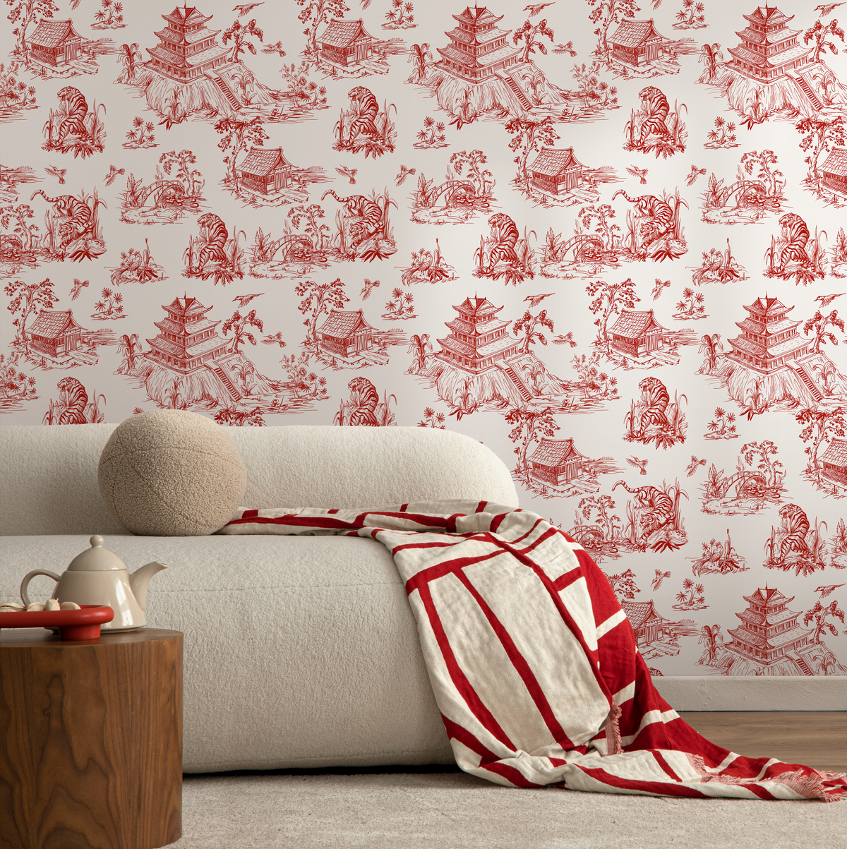 Chinoiserie Wallpaper with a Tiger and Pagoda Toile Motif in Red - detail view