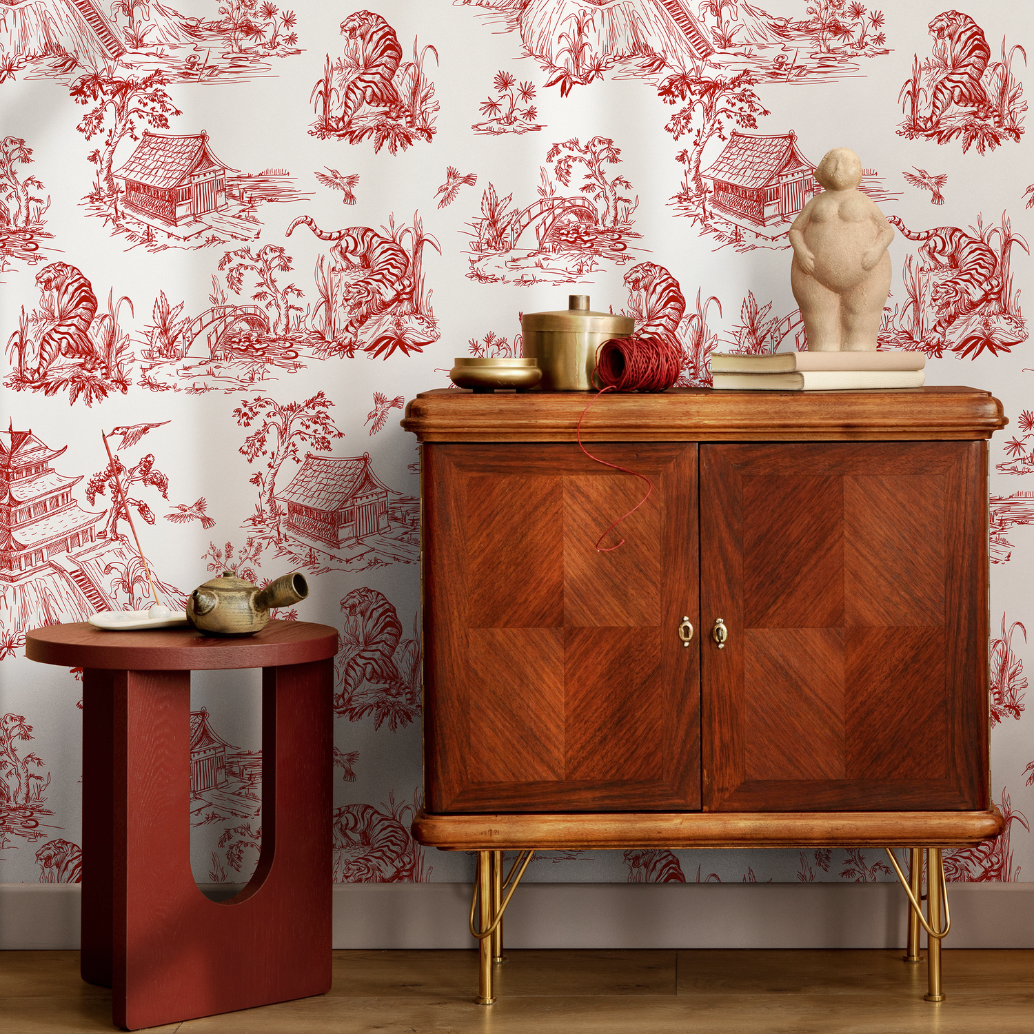 Papier peint décoratif mural, papier peint autocollant, papier peint amovible, décoration d'intérieur, art mural, décoration de chambre / Papier peint chinois rouge - C105