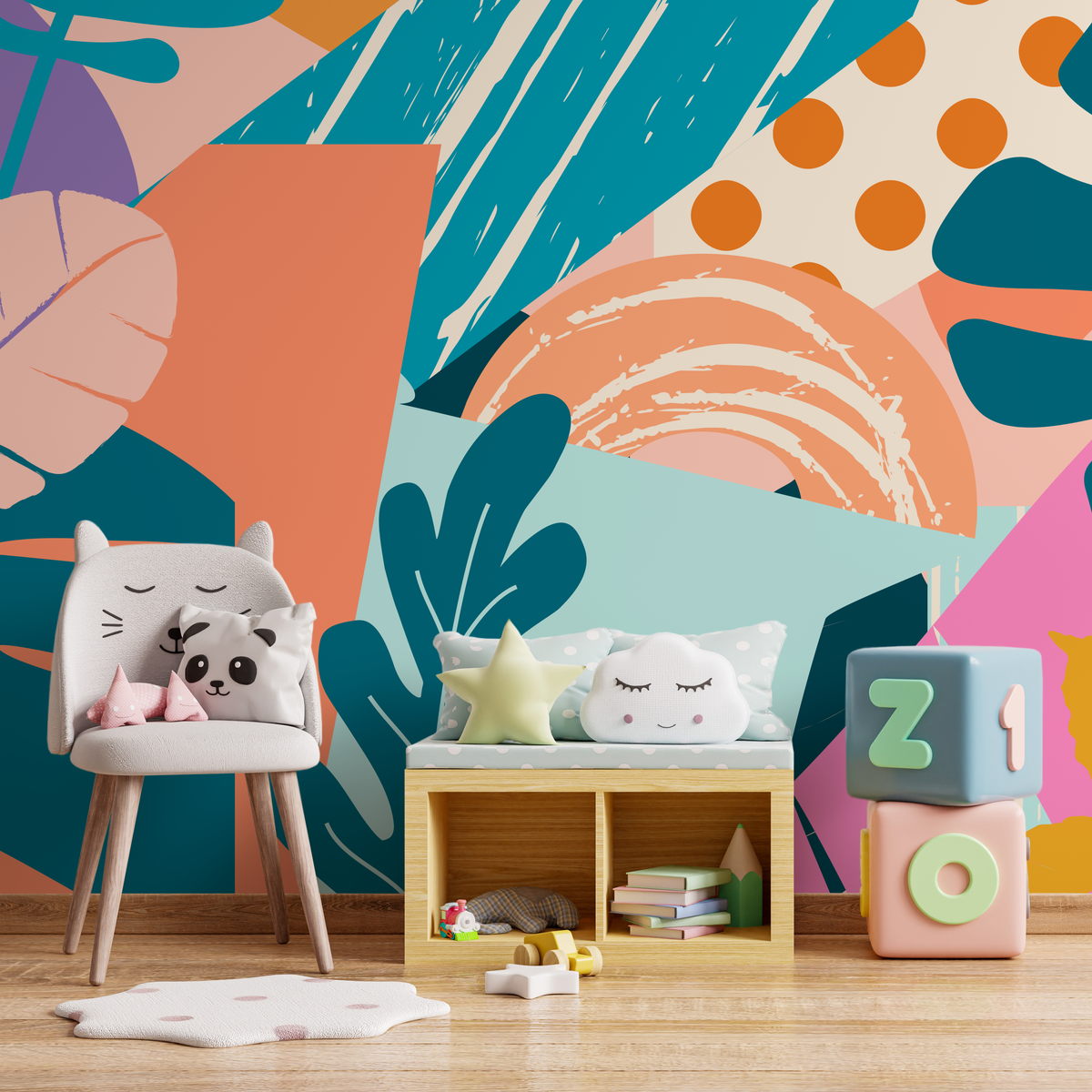 Abstract Wallpaper with a Colorful Collage of Shapes in Teal, Orange, and Pink - detail view